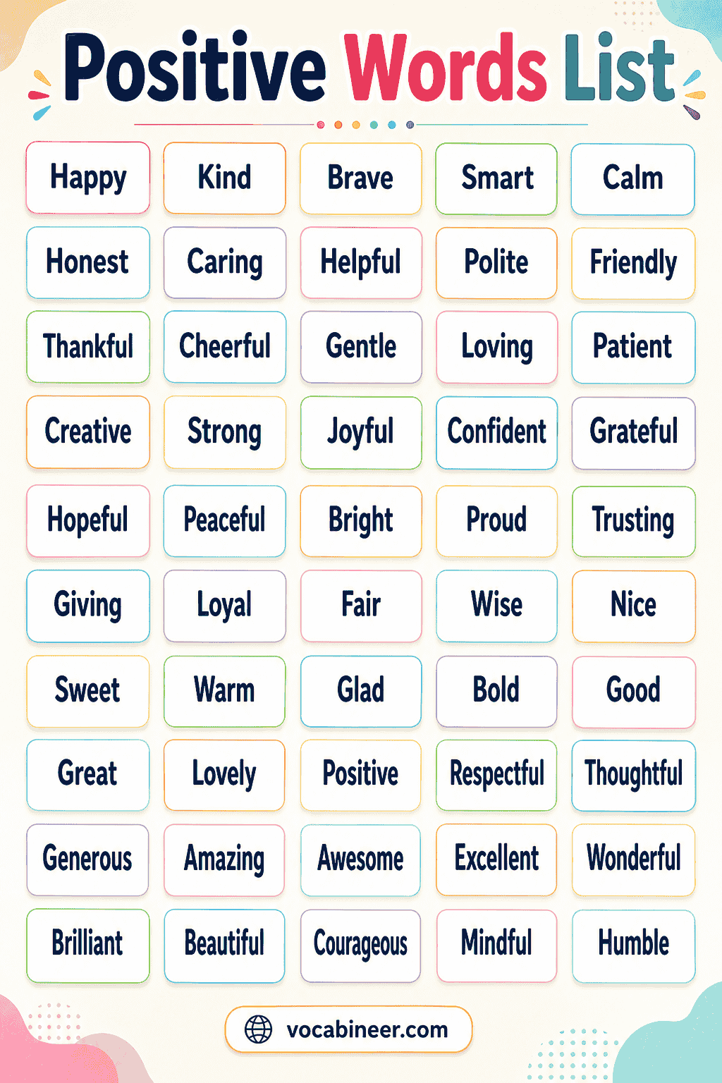 A 500+ positive words list with meanings and examples for vocabulary learning.