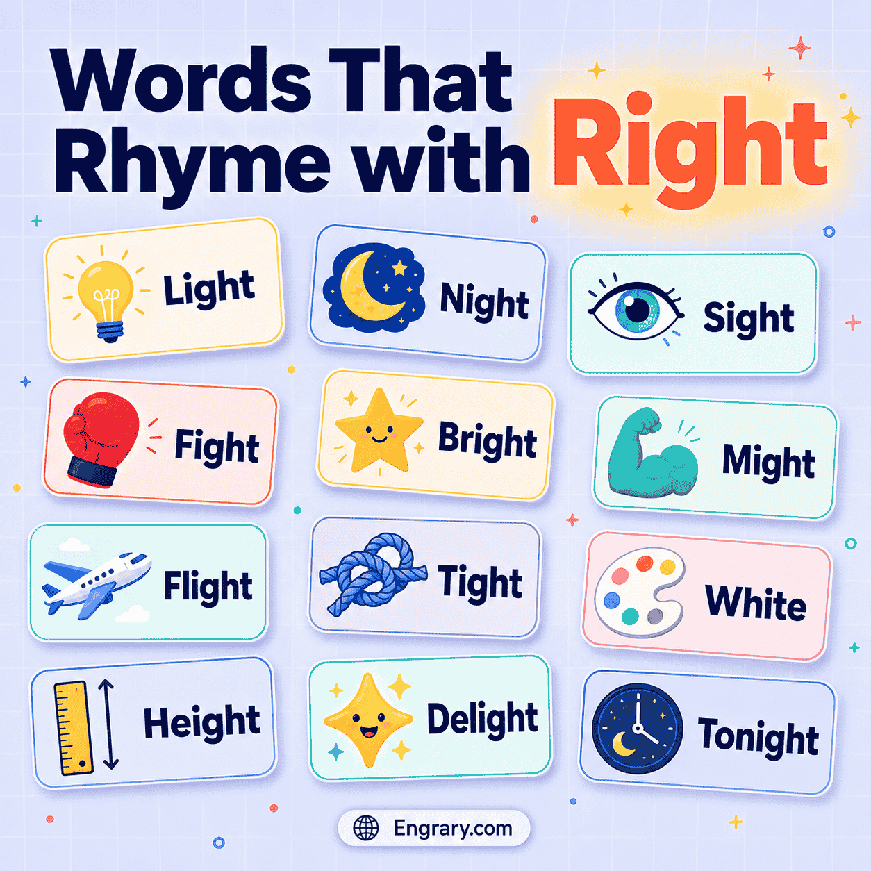 500 right rhyming words for poems, songs, and kids with examples like night, light, fight, sight, bright, and write.