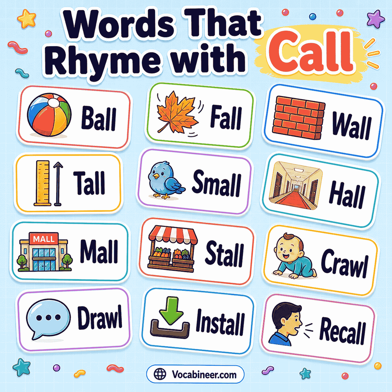 Words that rhyme with call, including all, ball, fall, wall, tall, hall, mall, small, recall, phone call, and rainfall with phrases.