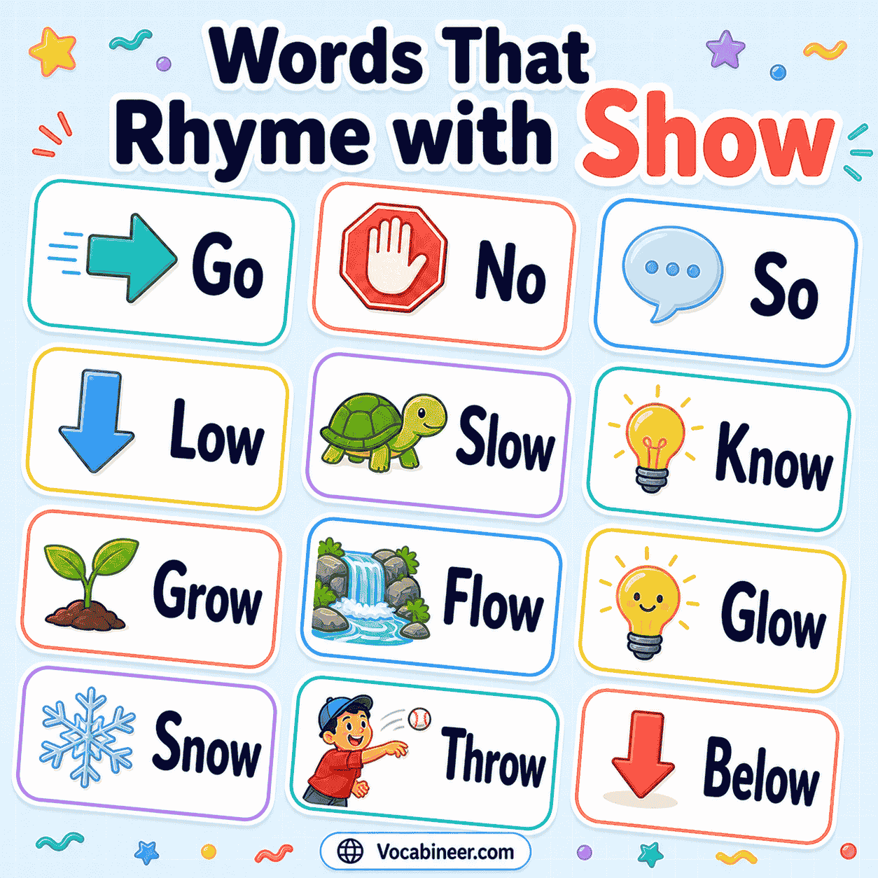 Words that rhyme with show, including glow, flow, grow, snow, below, afterglow, and overflow with meanings and examples.