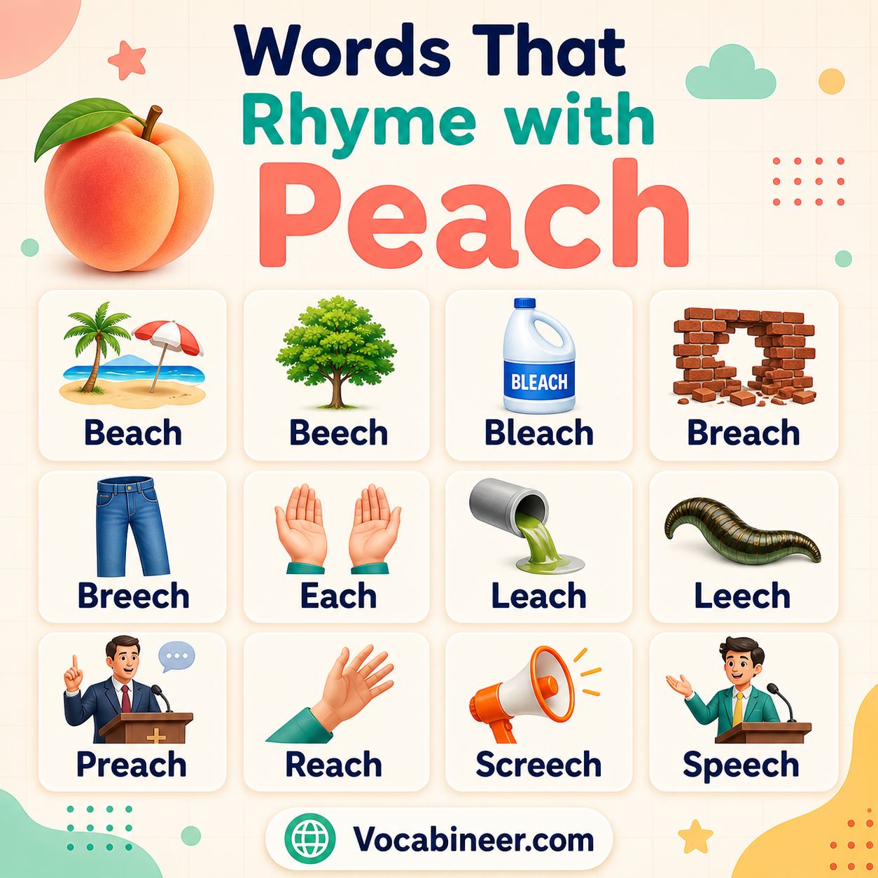 60 perfect words that rhyme with peach in English, including beach, reach, speech, teach, and longer rhyme examples.