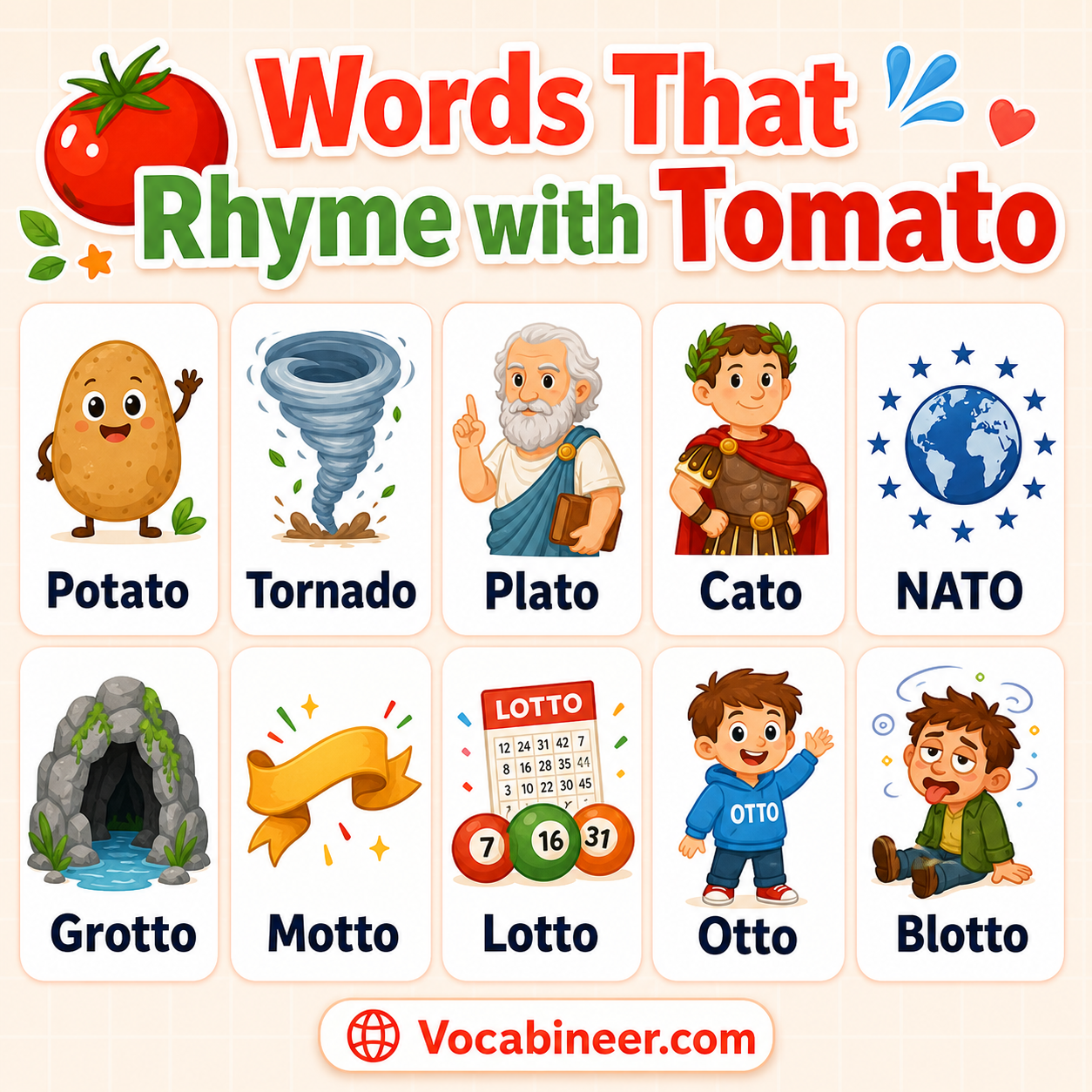 92 fun words that rhyme with tomato for poems, including food rhymes, place rhymes, and creative examples.