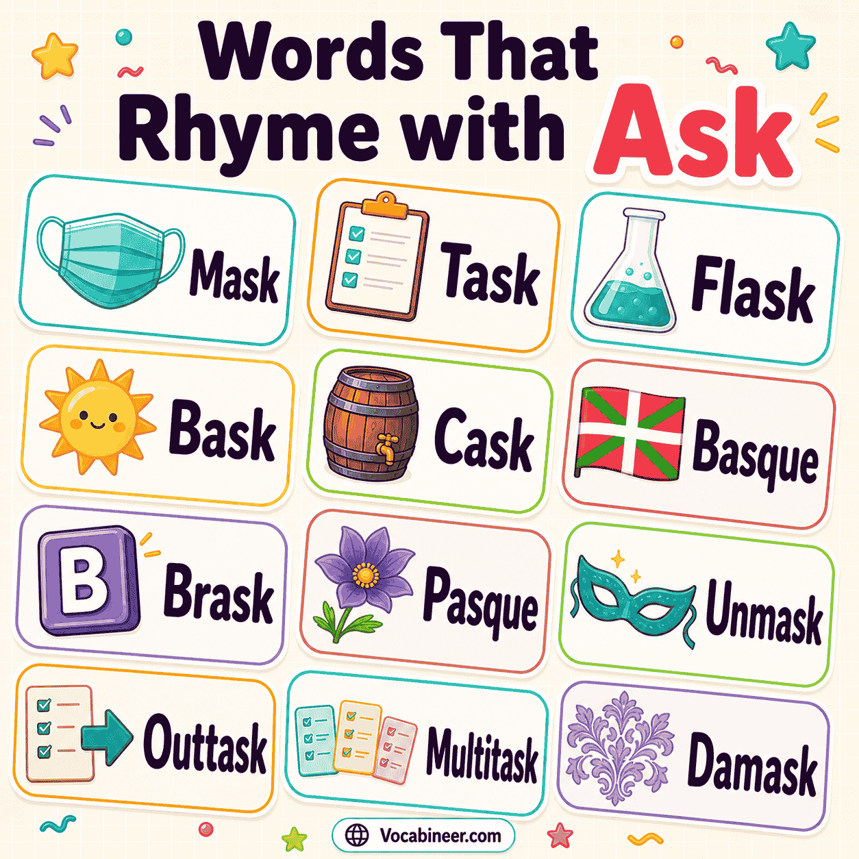 Ask rhyming words for poems, songs, and kids with examples like task, mask, flask, cask, and bask.