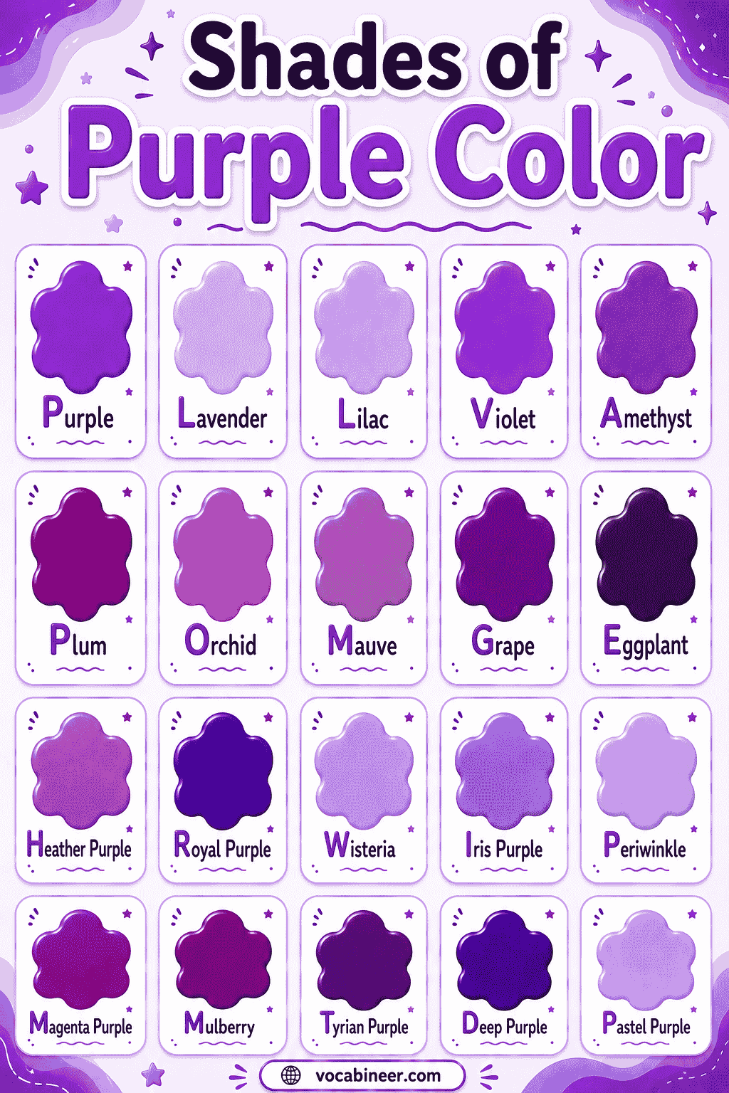 Popular beautiful shades of purple with names, pictures, and examples.