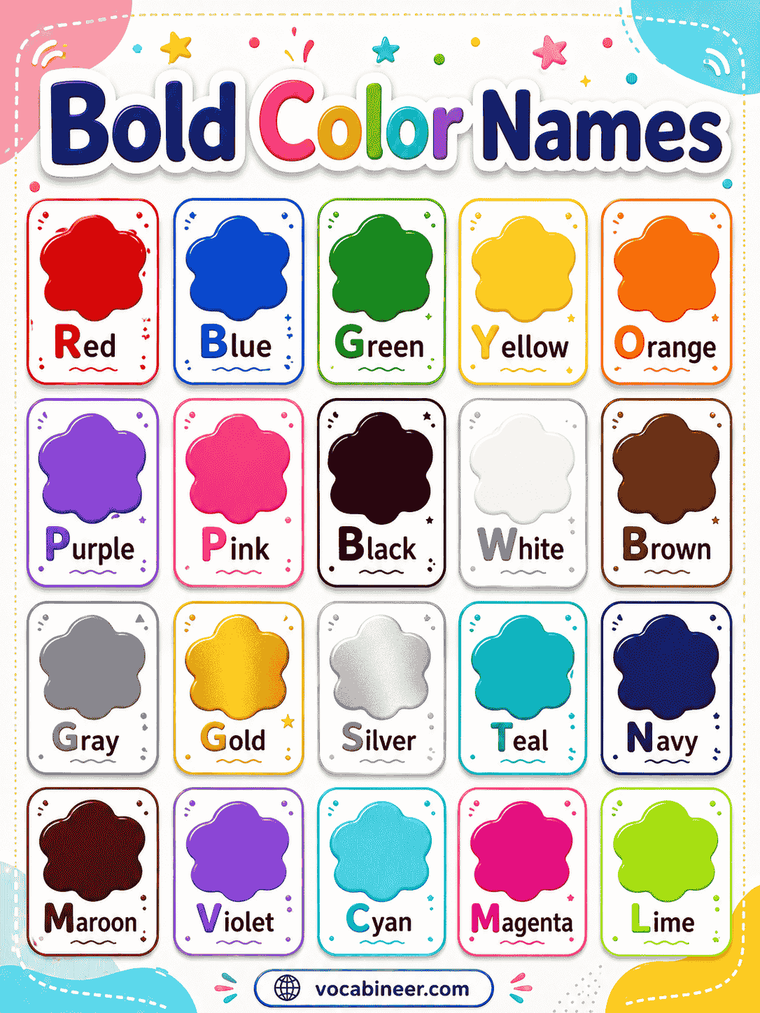 Common bold color names with strong visual examples.