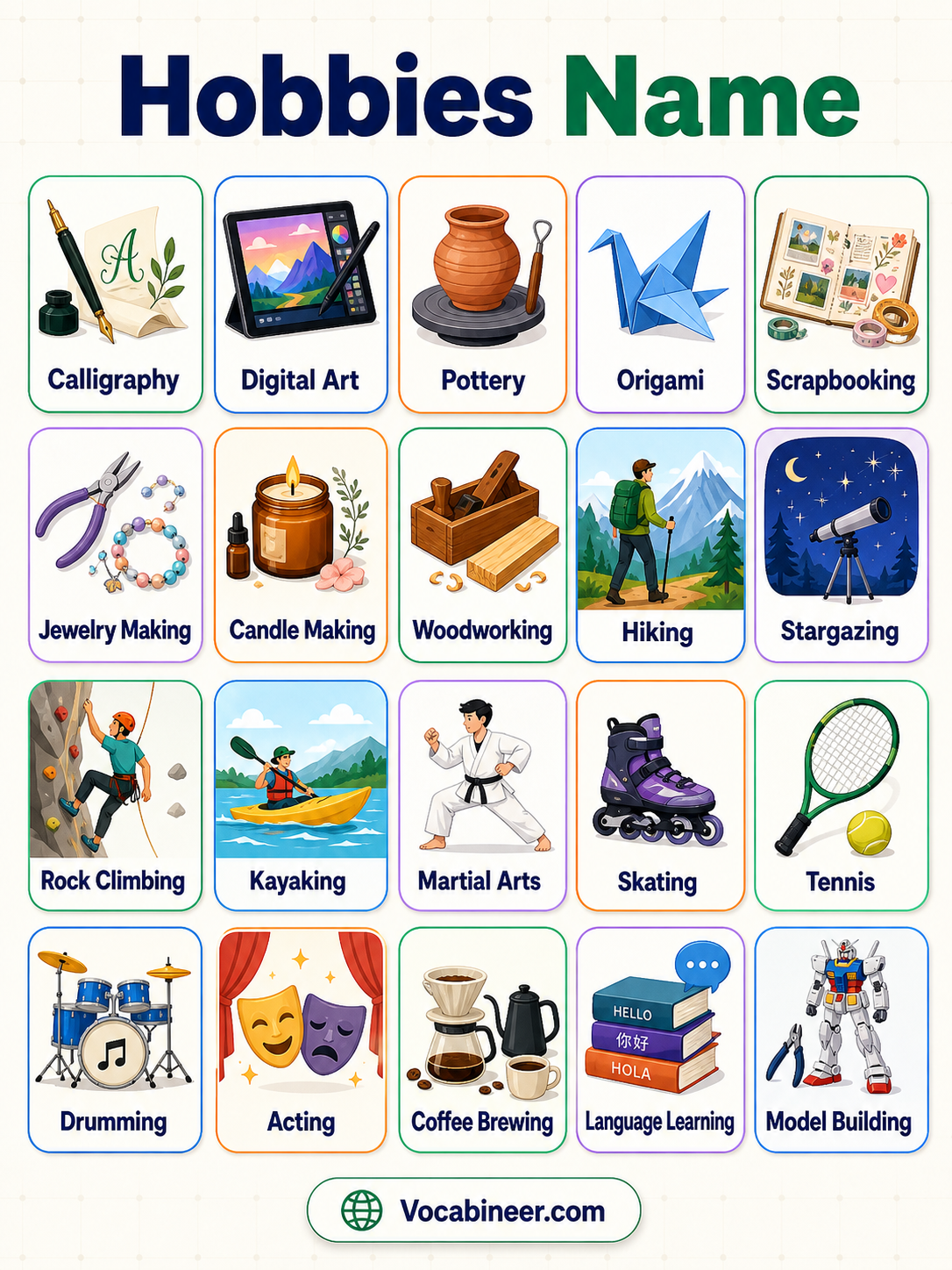 Common free time activities in English with pictures showing activities such as reading, drawing, cycling, swimming, cooking, dancing, gardening, and gaming.