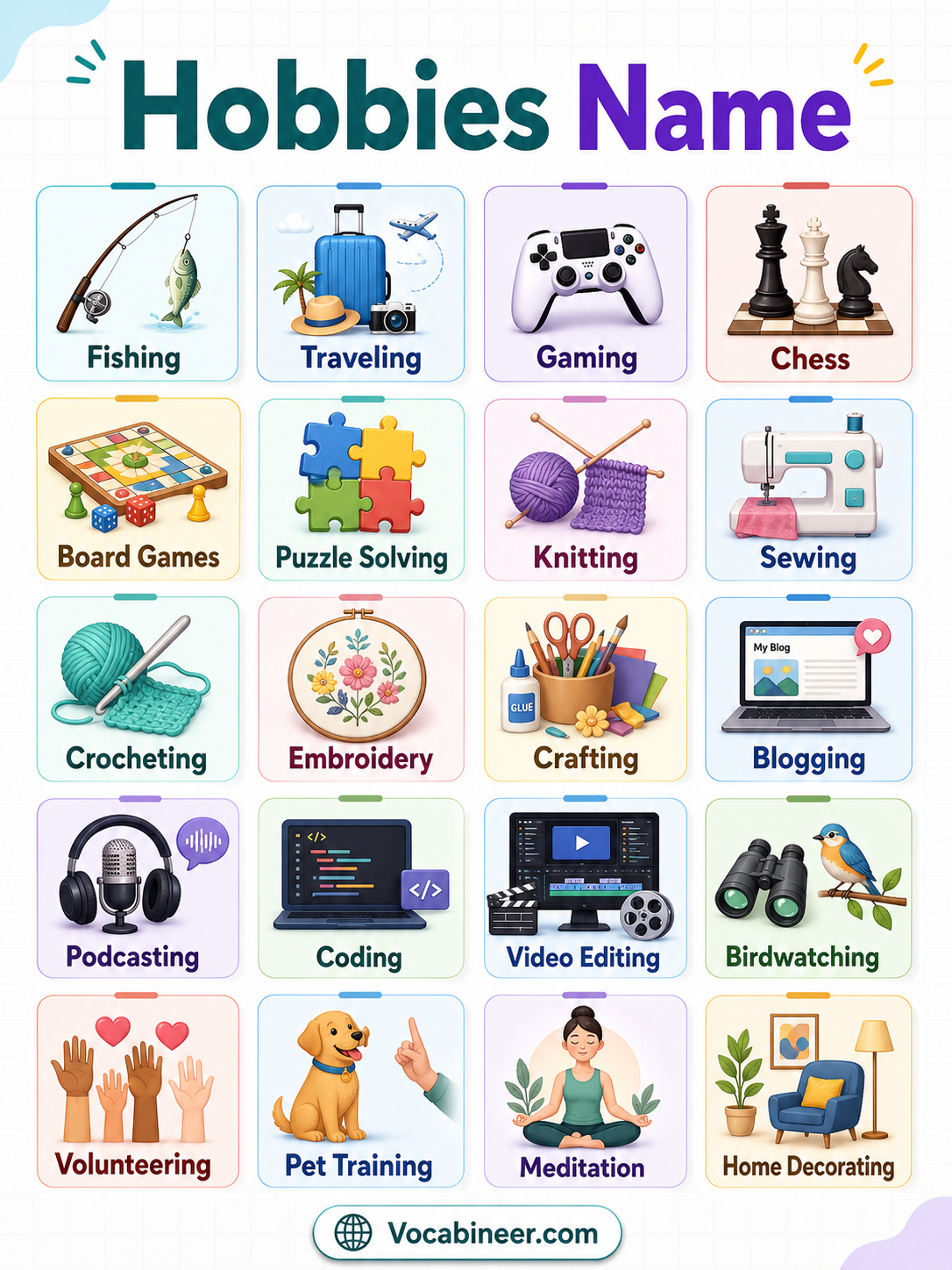 Common hobbies list with pictures showing popular hobbies such as reading, drawing, painting, cooking, gardening, dancing, cycling, swimming, gaming, and photography.