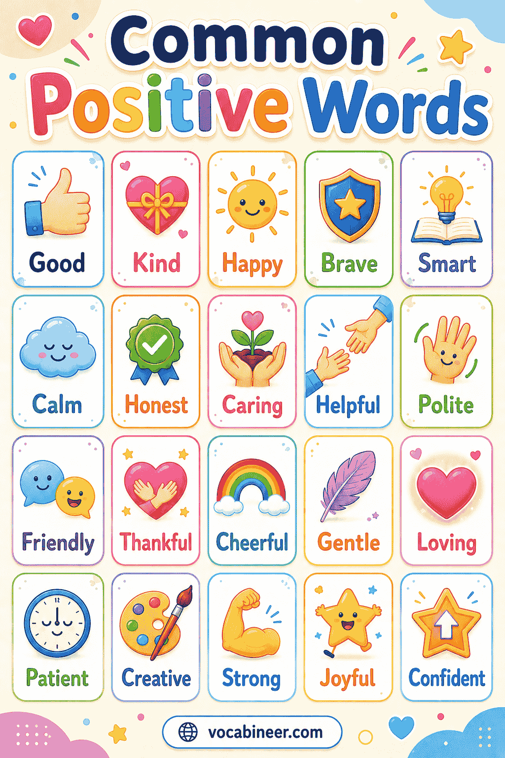 Common positive words in English with simple meanings.