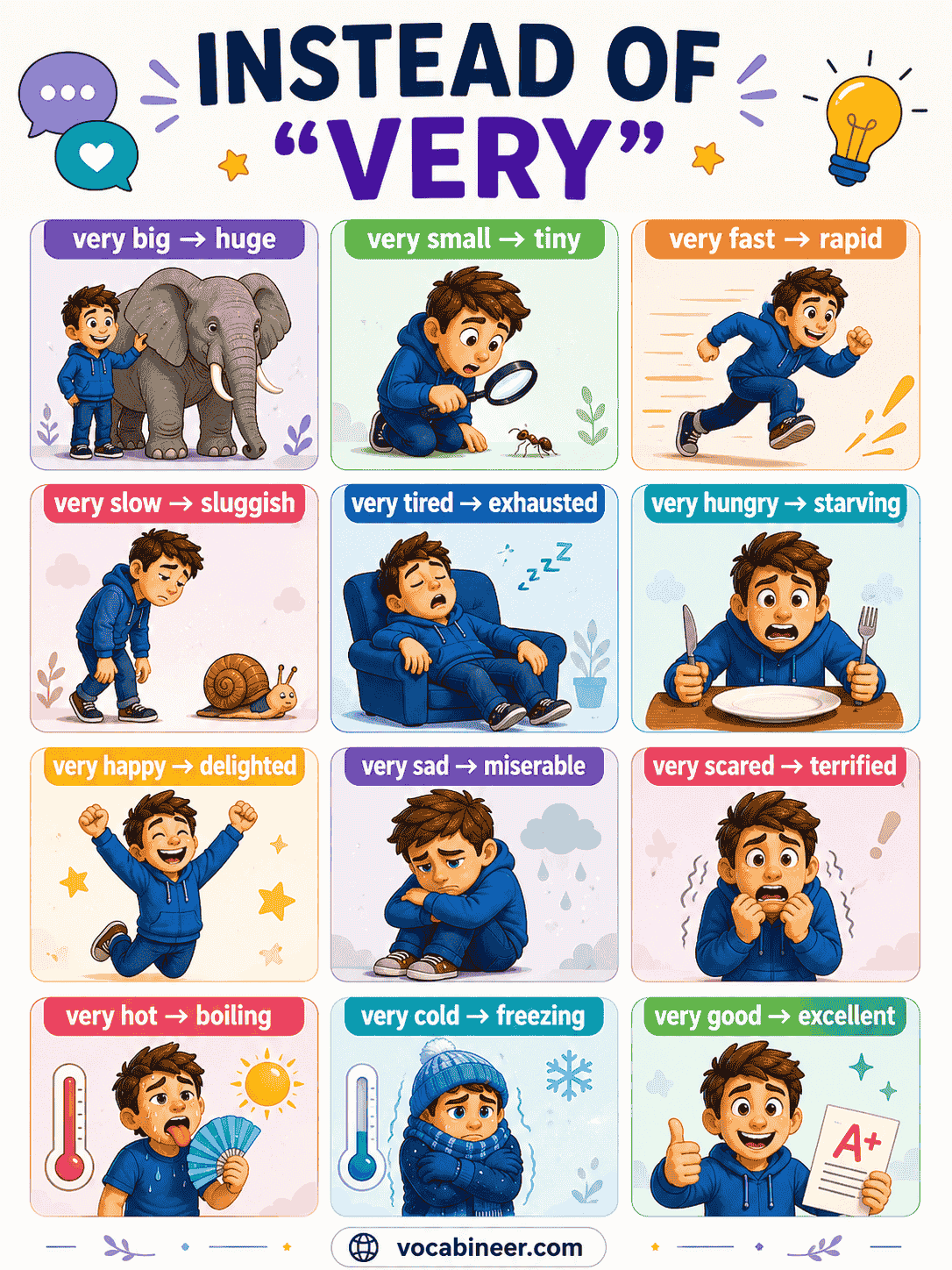Words to use instead of very infographic with common English replacements like excellent, terrible, huge, tiny, delighted, and exhausted.