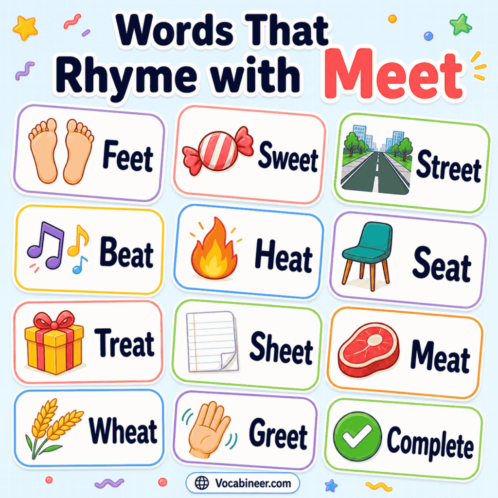 Creative words that rhyme with meet in English with examples like sweet, street, seat, greet, beat, and feet.