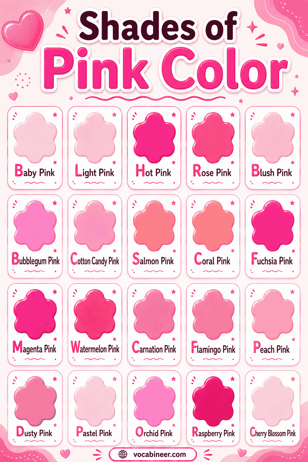 Popular shades of pink with names, pictures, and examples.