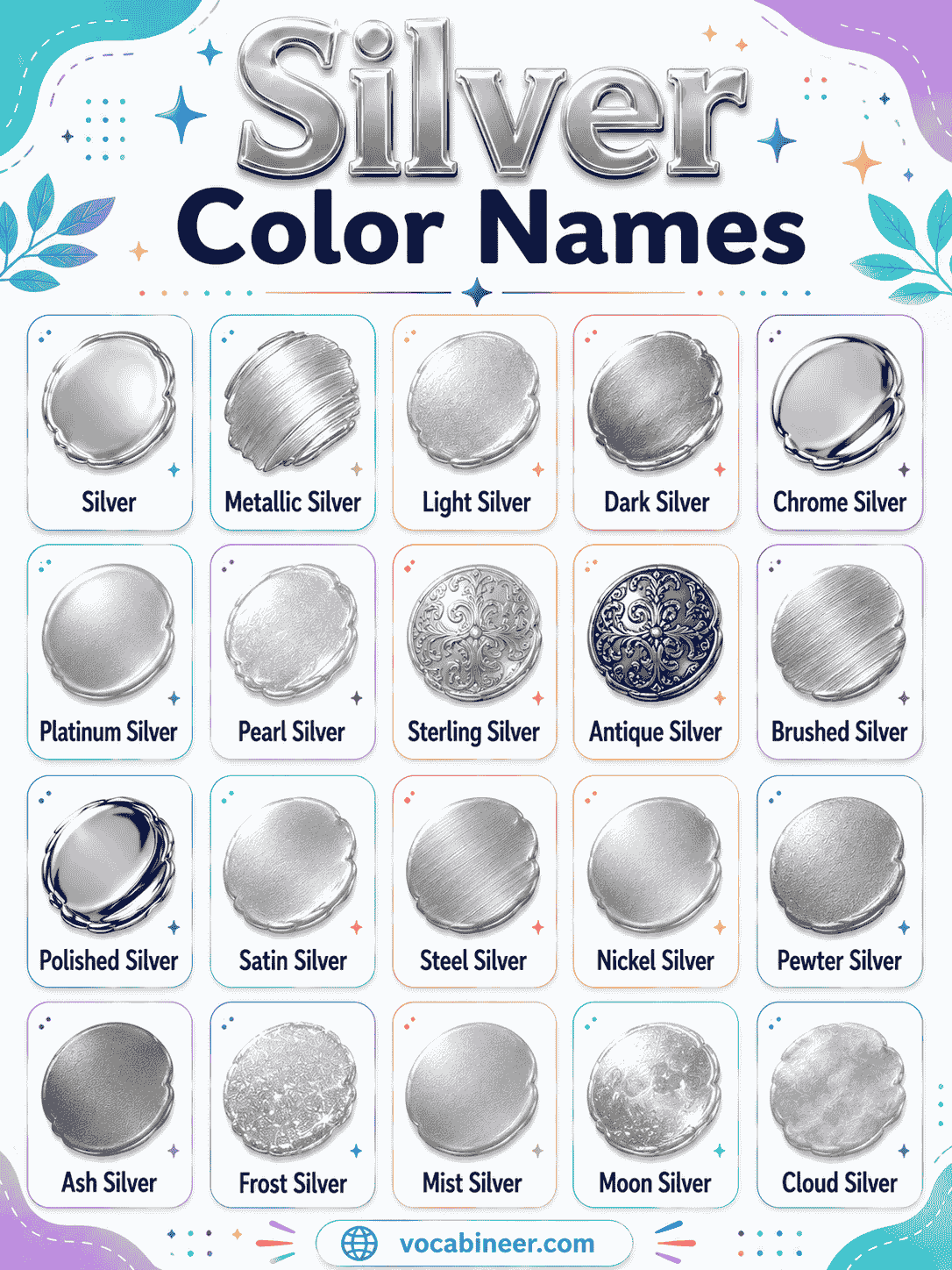 Different silver color names with pictures and hex codes
