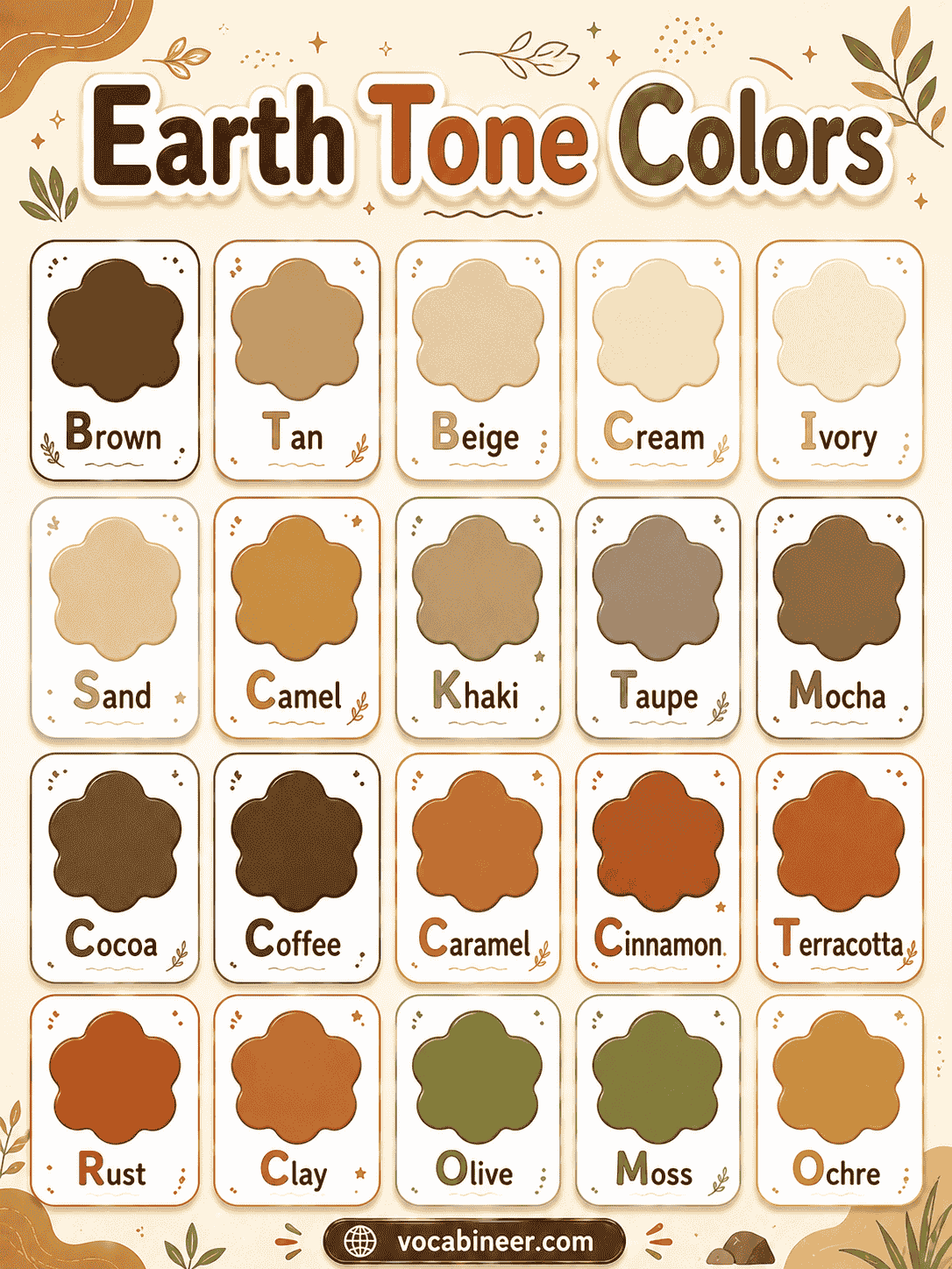 Earth tone color names with hex codes and natural palette ideas.
