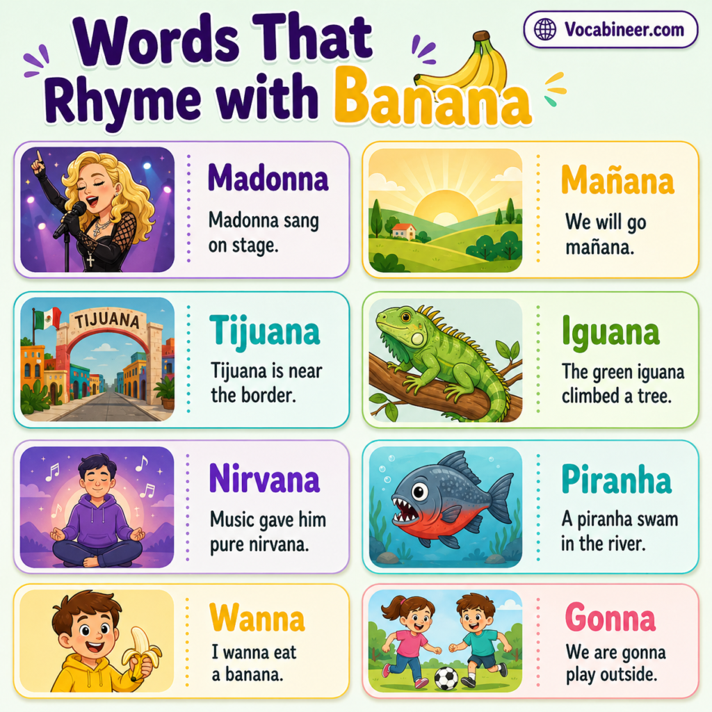 Easy banana rhymes for kids with simple words like bandana, cabana, Hannah, Anna, iguana, wanna, and gonna.