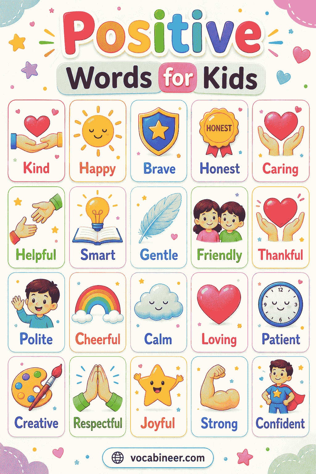Easy positive words for kids and students to learn and use.