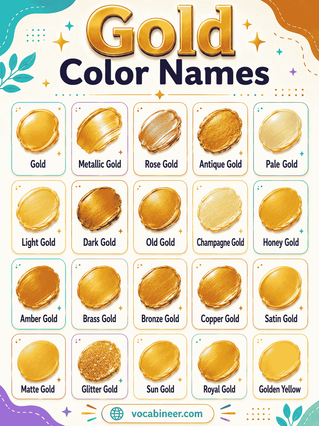 Popular gold color names with pictures and hex codes.
