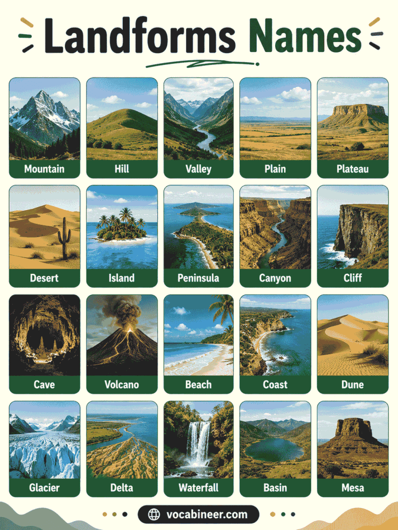 Landforms Names in English with Pictures and Examples