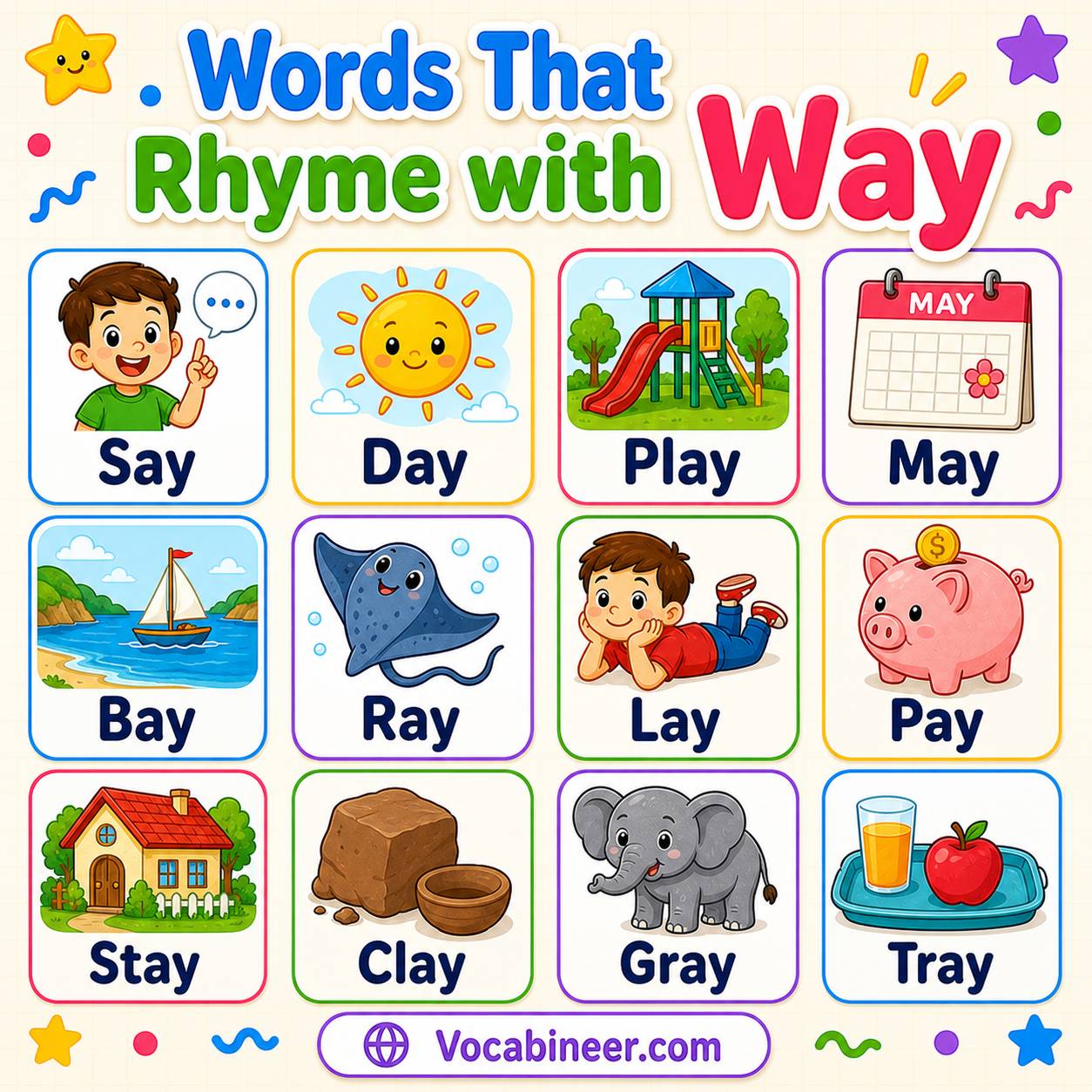 Meaningful words that rhyme with way with examples, including day, say, play, stay, pray, and away.