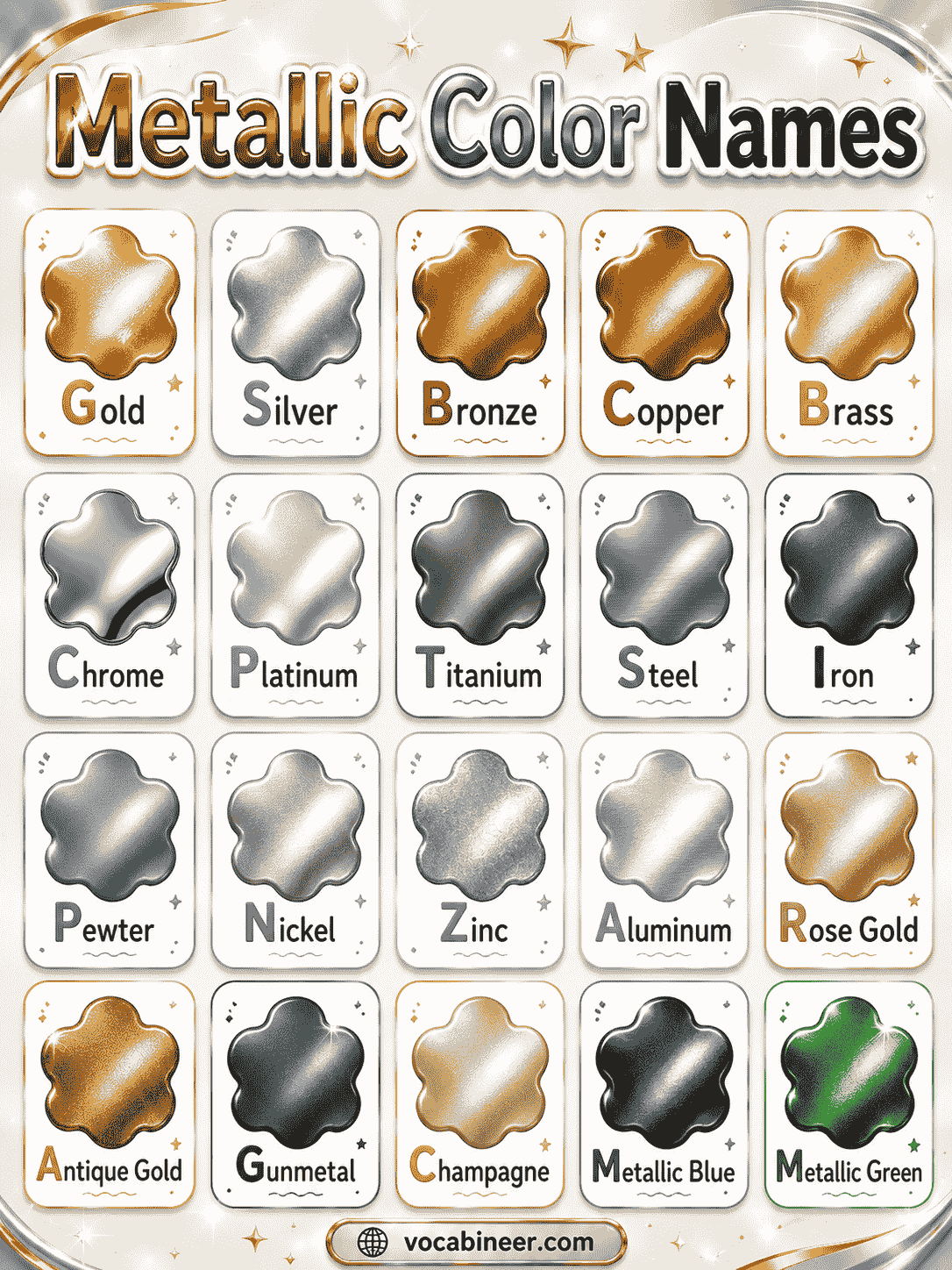 Common metallic colors with simple meanings and picture examples.