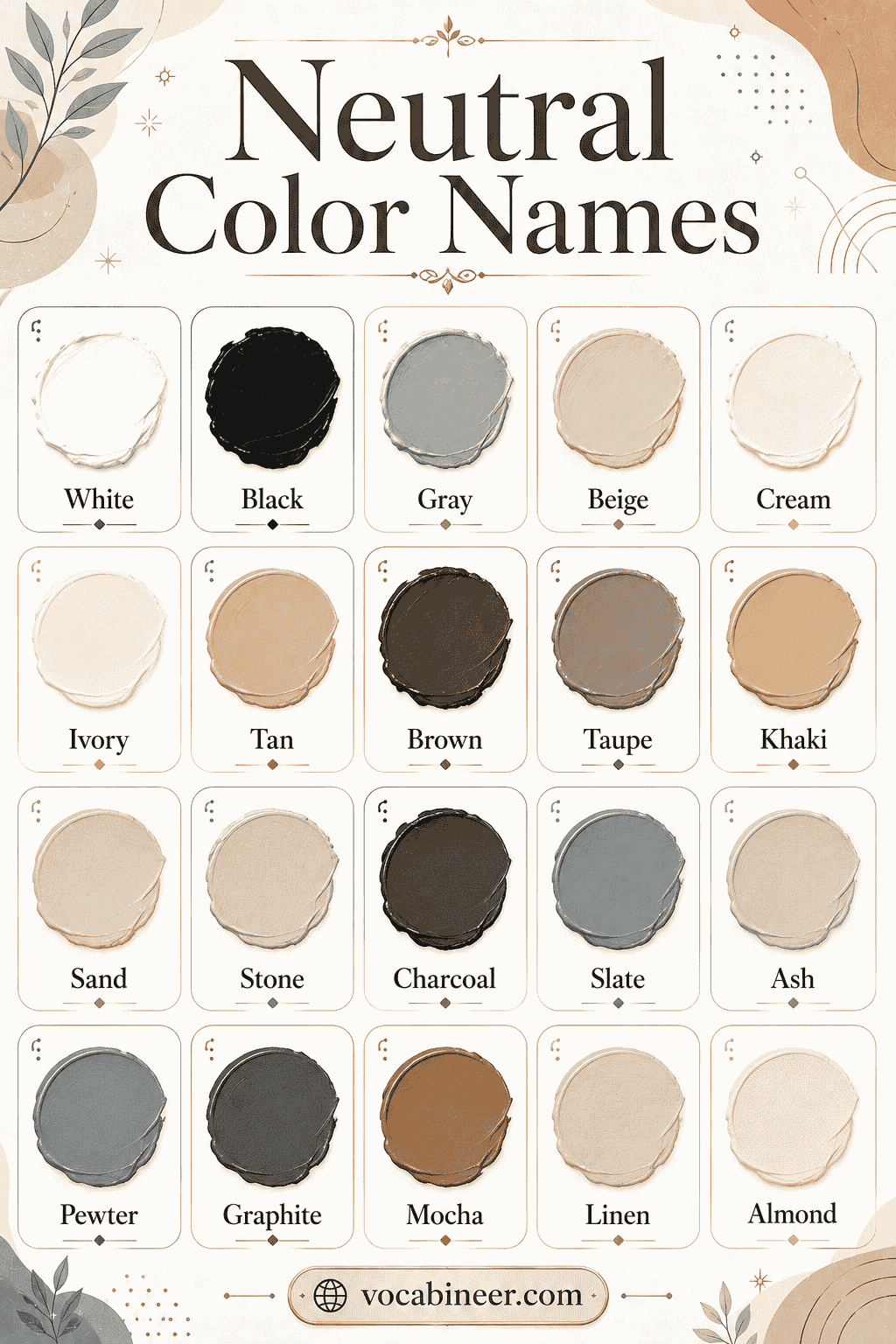 A simple neutral colors list with clear picture examples.