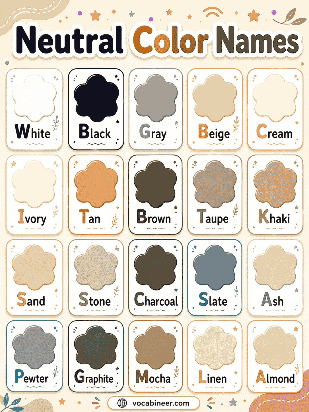 Common neutral colors with simple names, meanings, and picture examples.