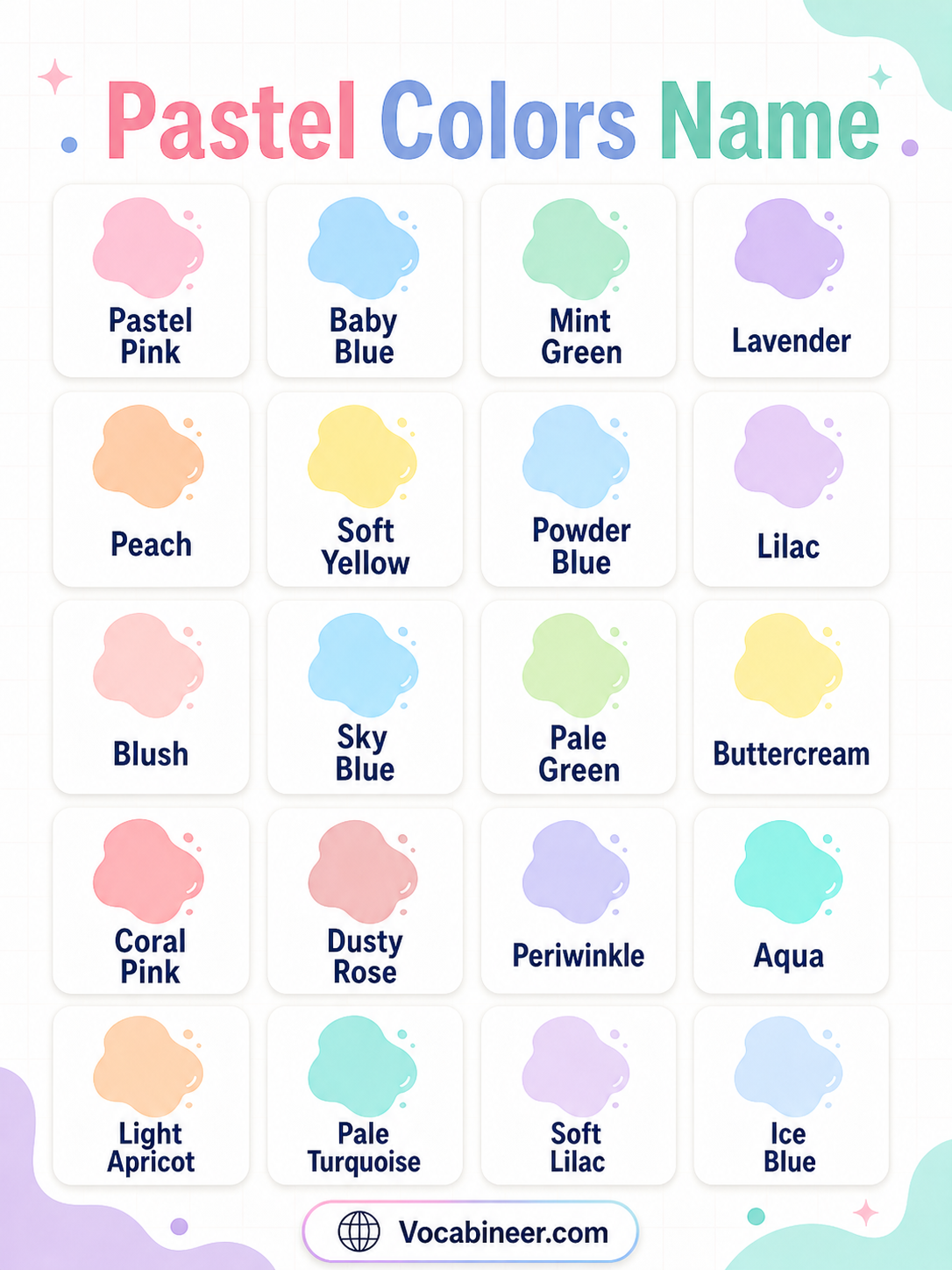 Pastel colors names showing 50 soft color names with pictures, including pastel pink, baby blue, mint green, lavender, peach, cream, and pastel yellow.
