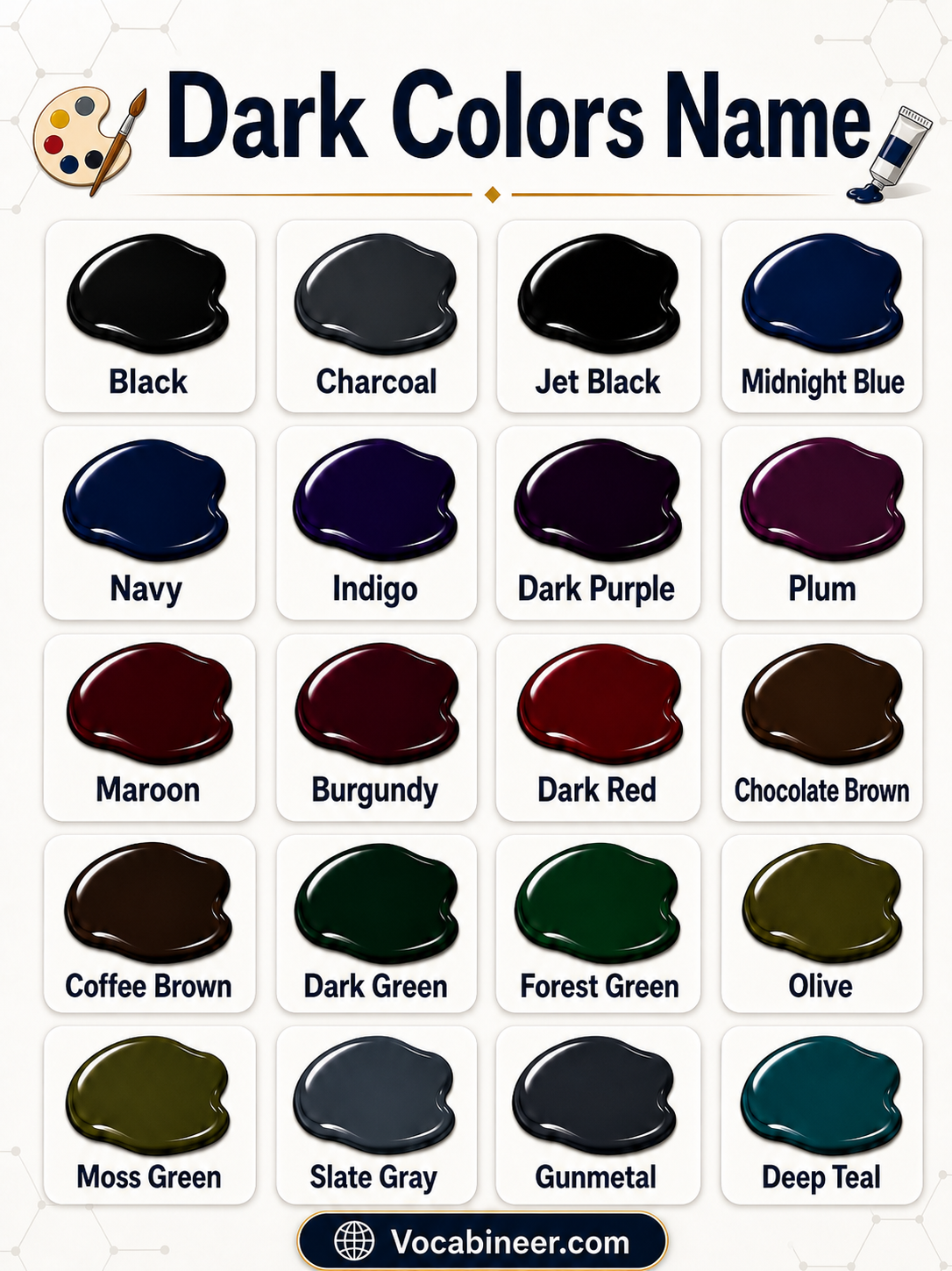 Types of dark colors showing 50 dark color names with pictures, including black, charcoal, navy blue, forest green, burgundy, maroon, plum, and espresso.