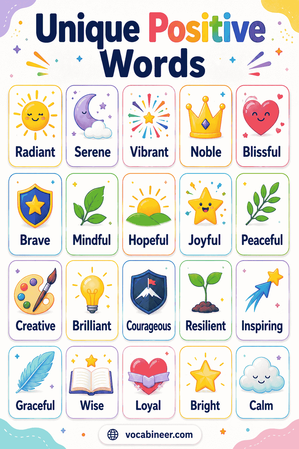 Unique positive words in English for vocabulary learning.