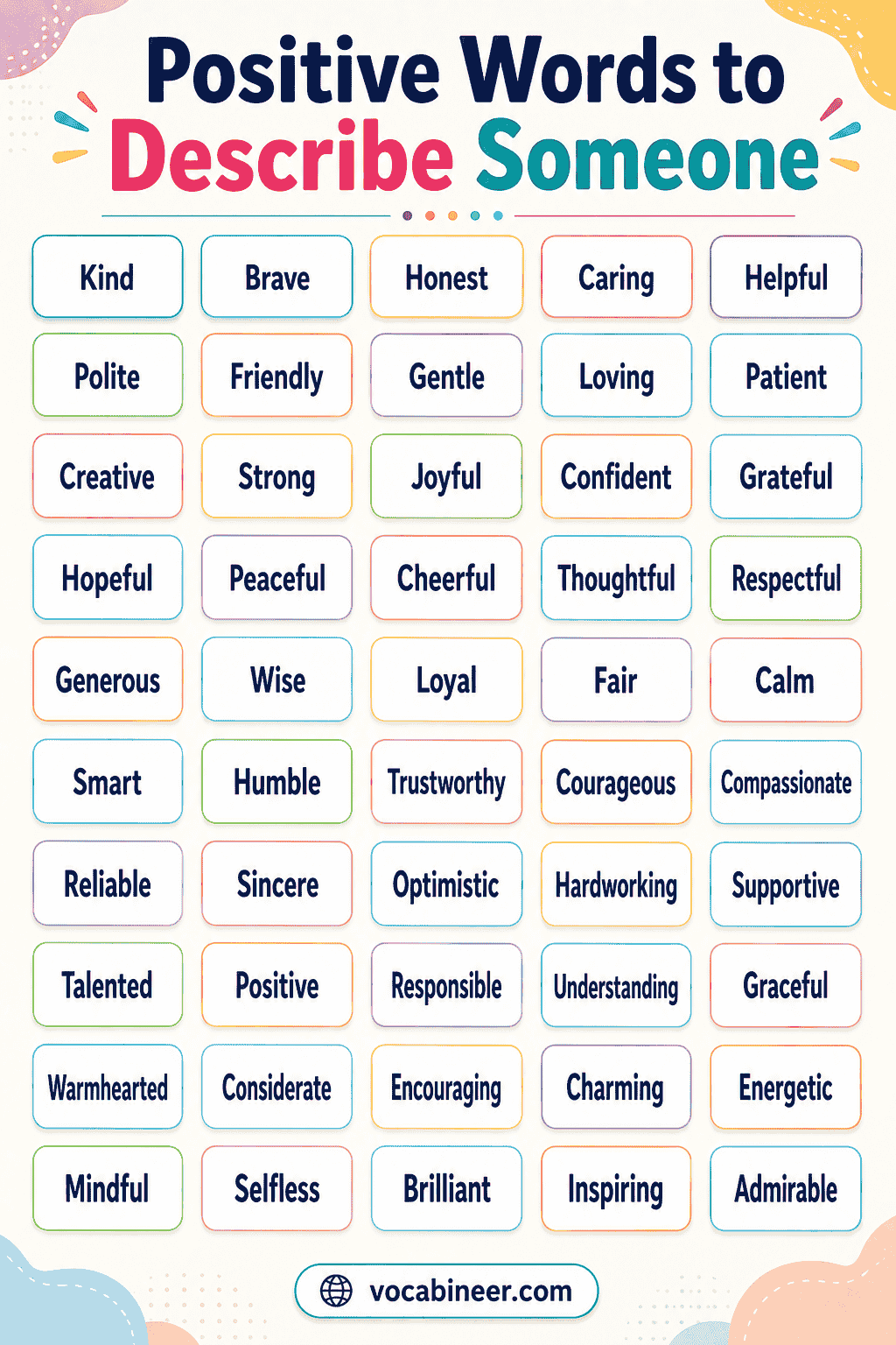 Positive words to describe someone with simple examples.