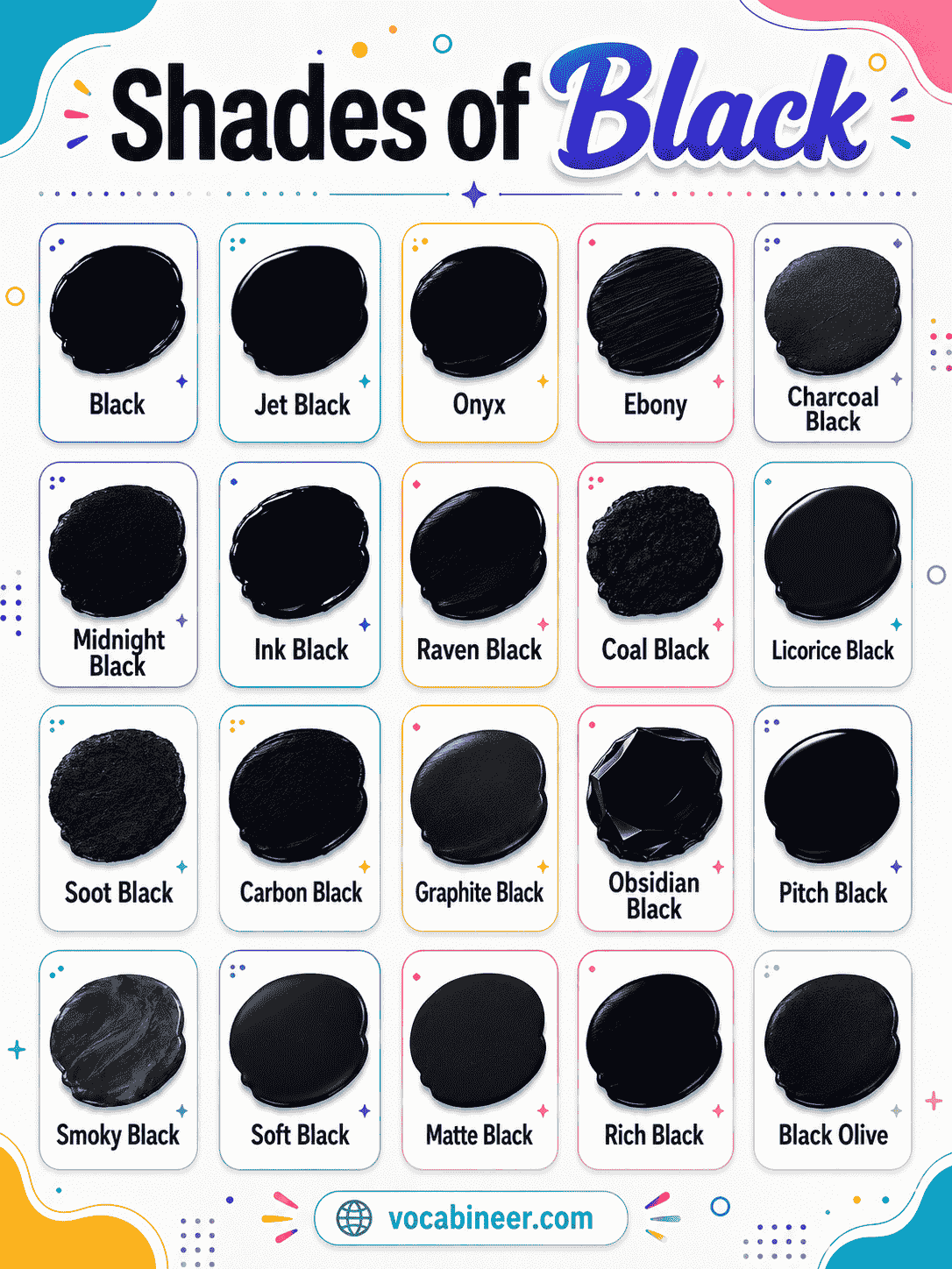 Popular shades of black with names, pictures, and hex codes.