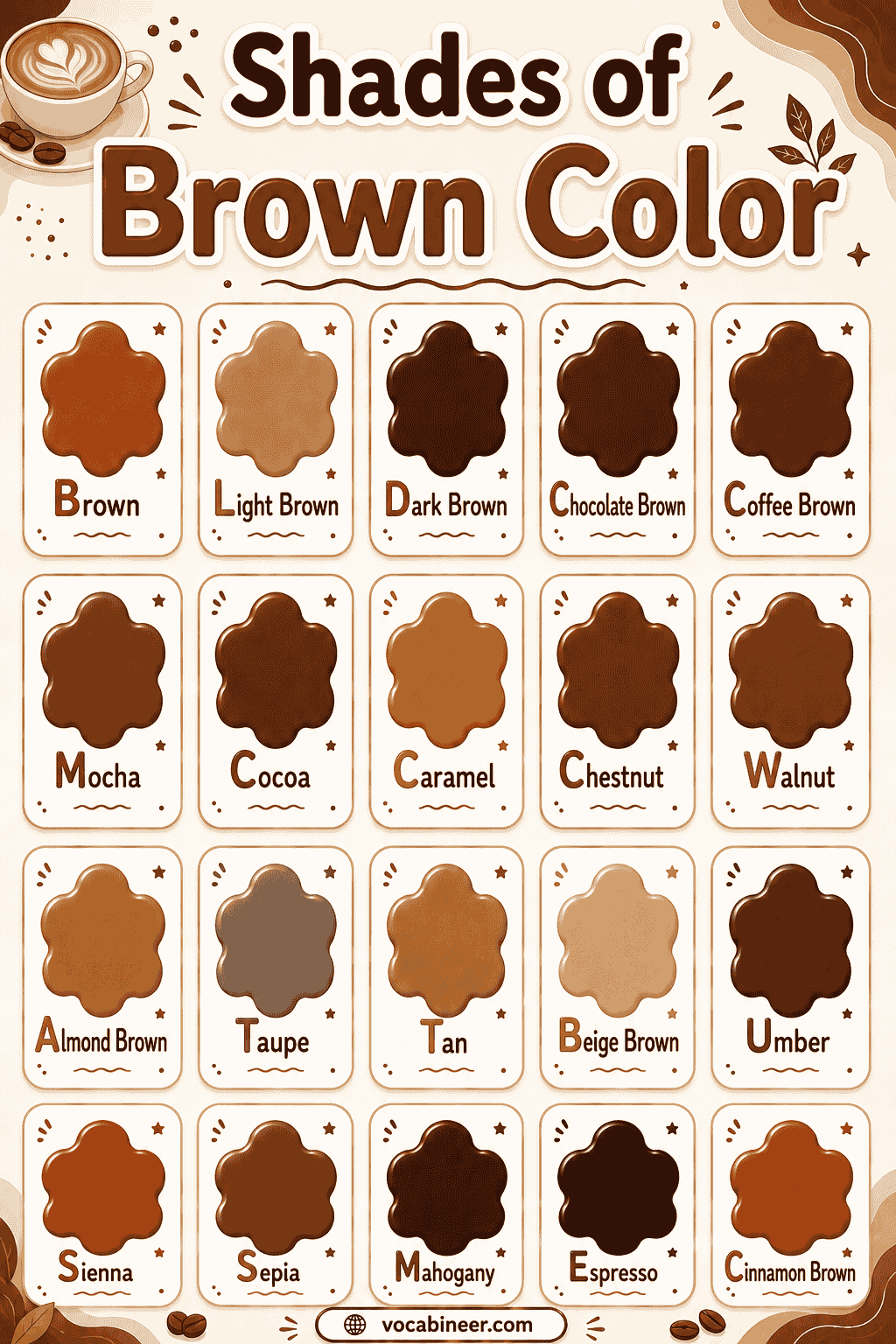 Popular shades of brown with names, pictures, and hex codes.
