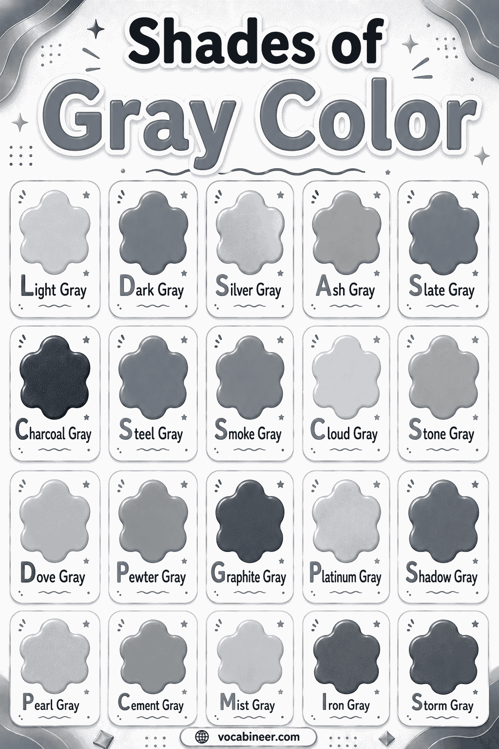 Popular shades of gray with names, pictures, and hex codes.