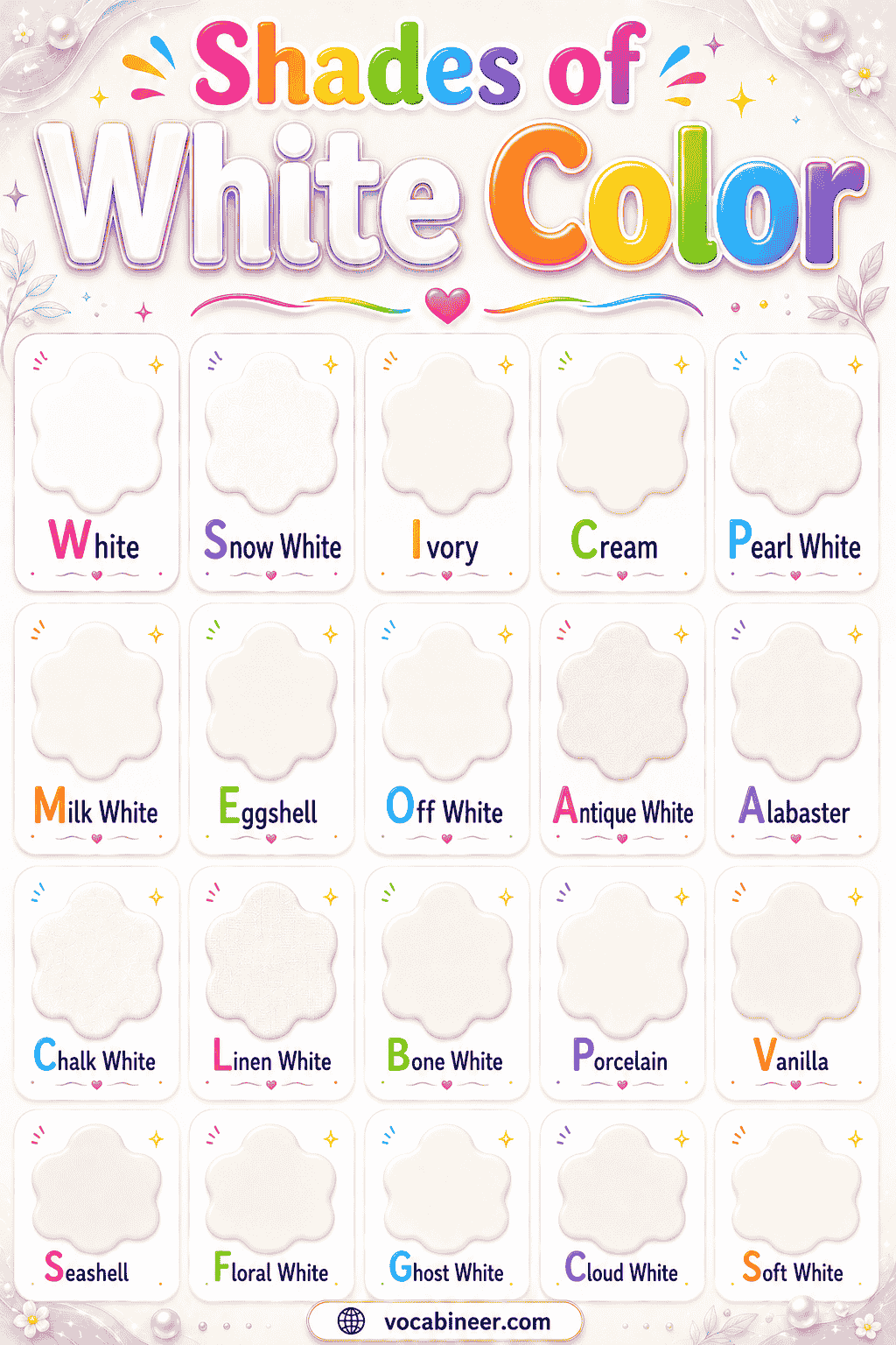 Popular shades of white with names, chart, hex codes, and examples.