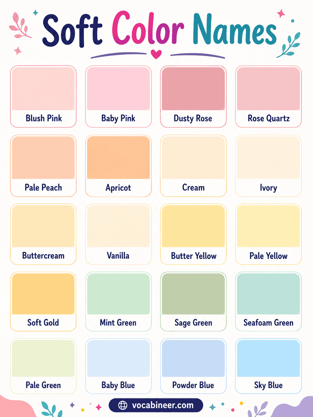 Common soft color names in English with visual examples.