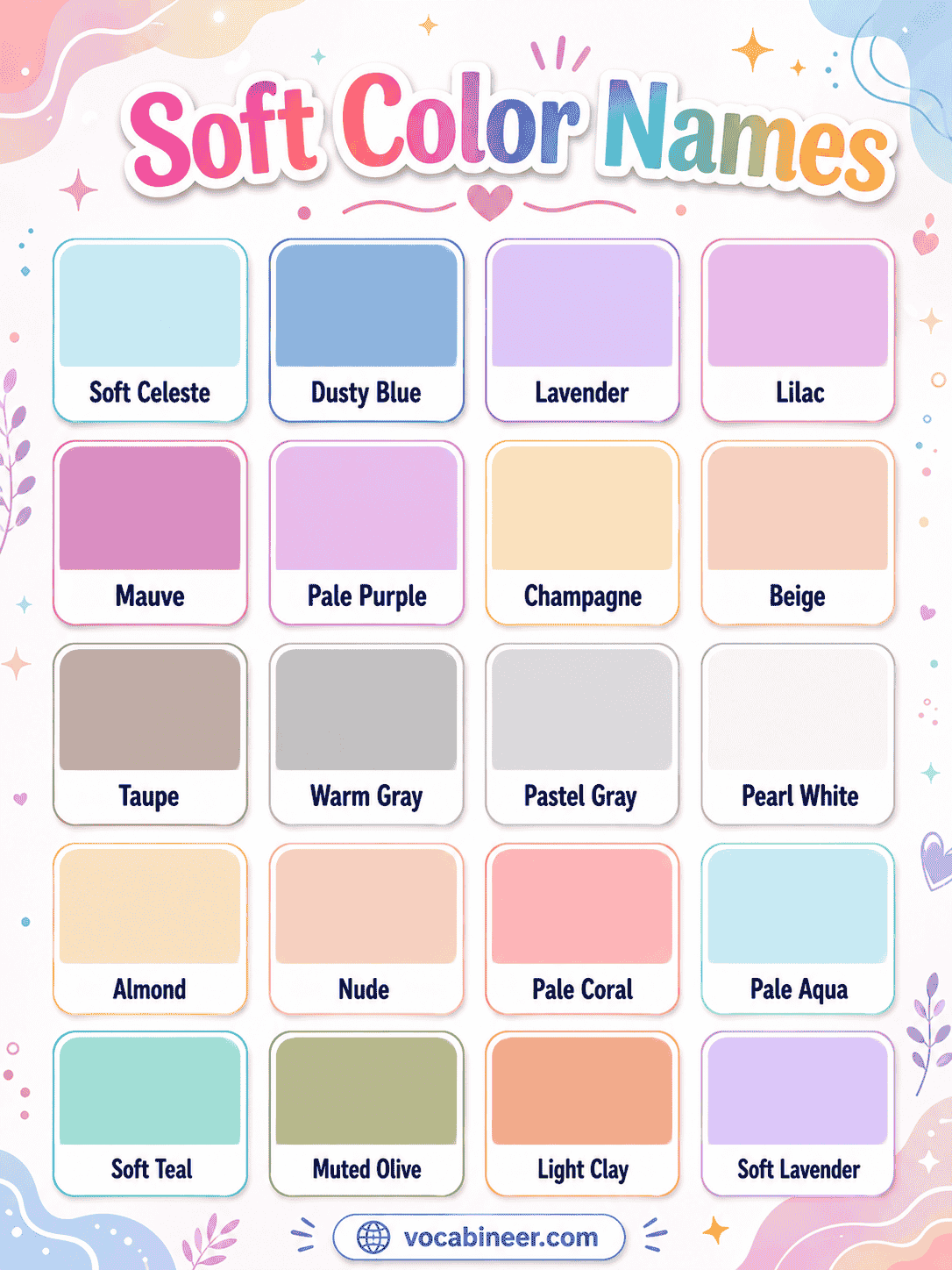 A soft colors chart with names and hex codes for easy reference.