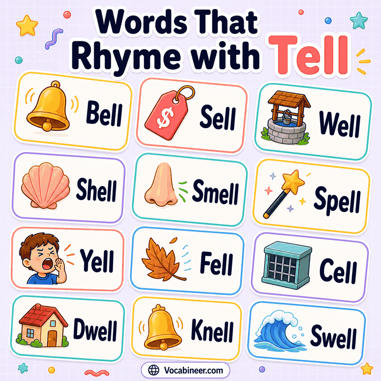 Tell rhyming words for poems, songs, and kids with examples like bell, shell, spell, well, sell, and yell.