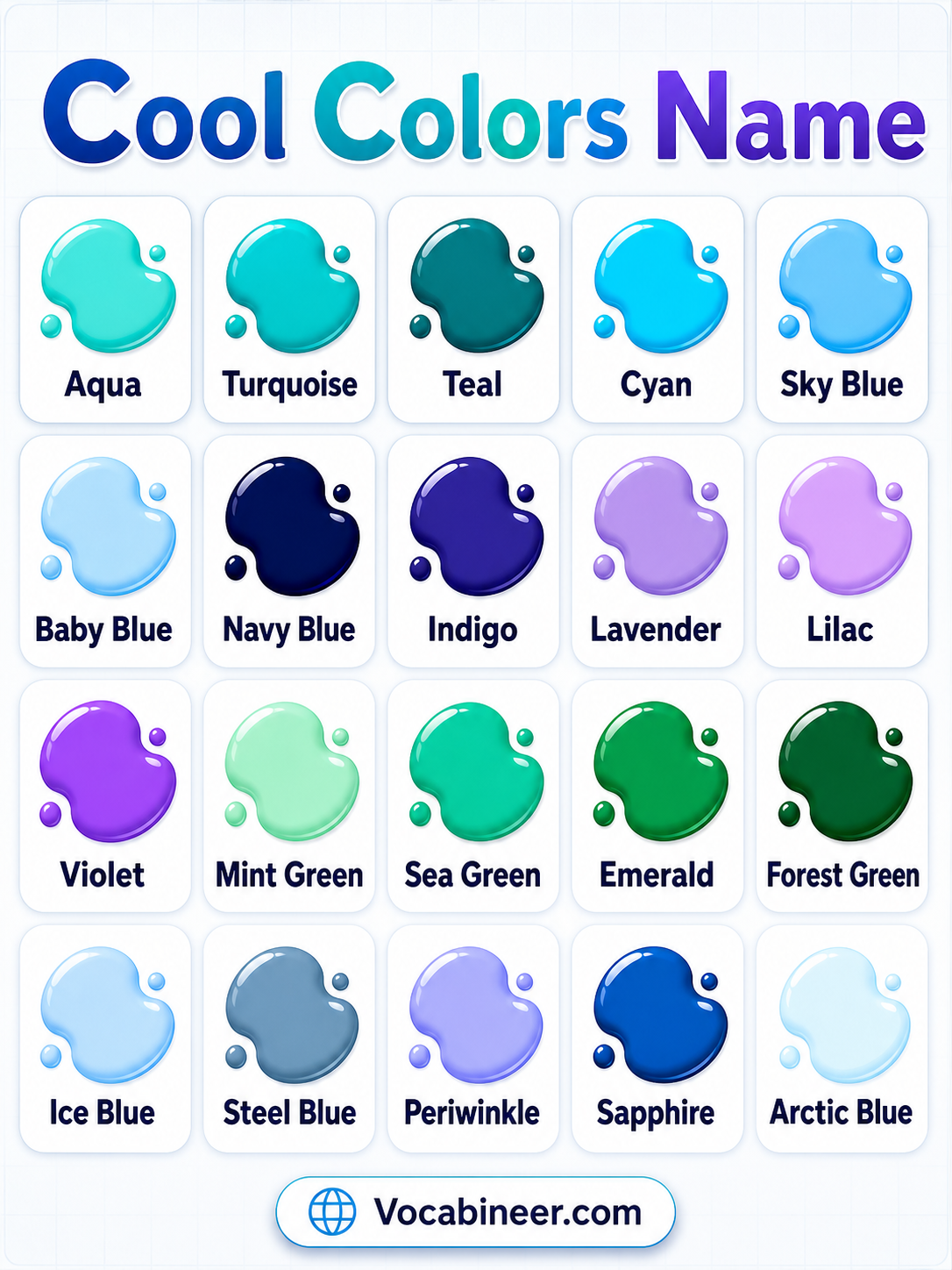 Types of cool colors showing 50 cool color names with pictures, including blue, green, teal, turquoise, purple, lavender, navy, mint, and cool gray.