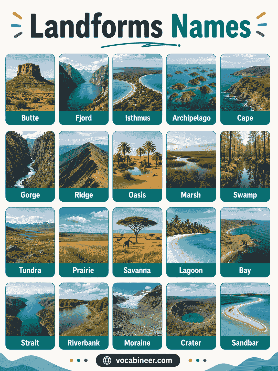 Different types of landforms with names and examples.