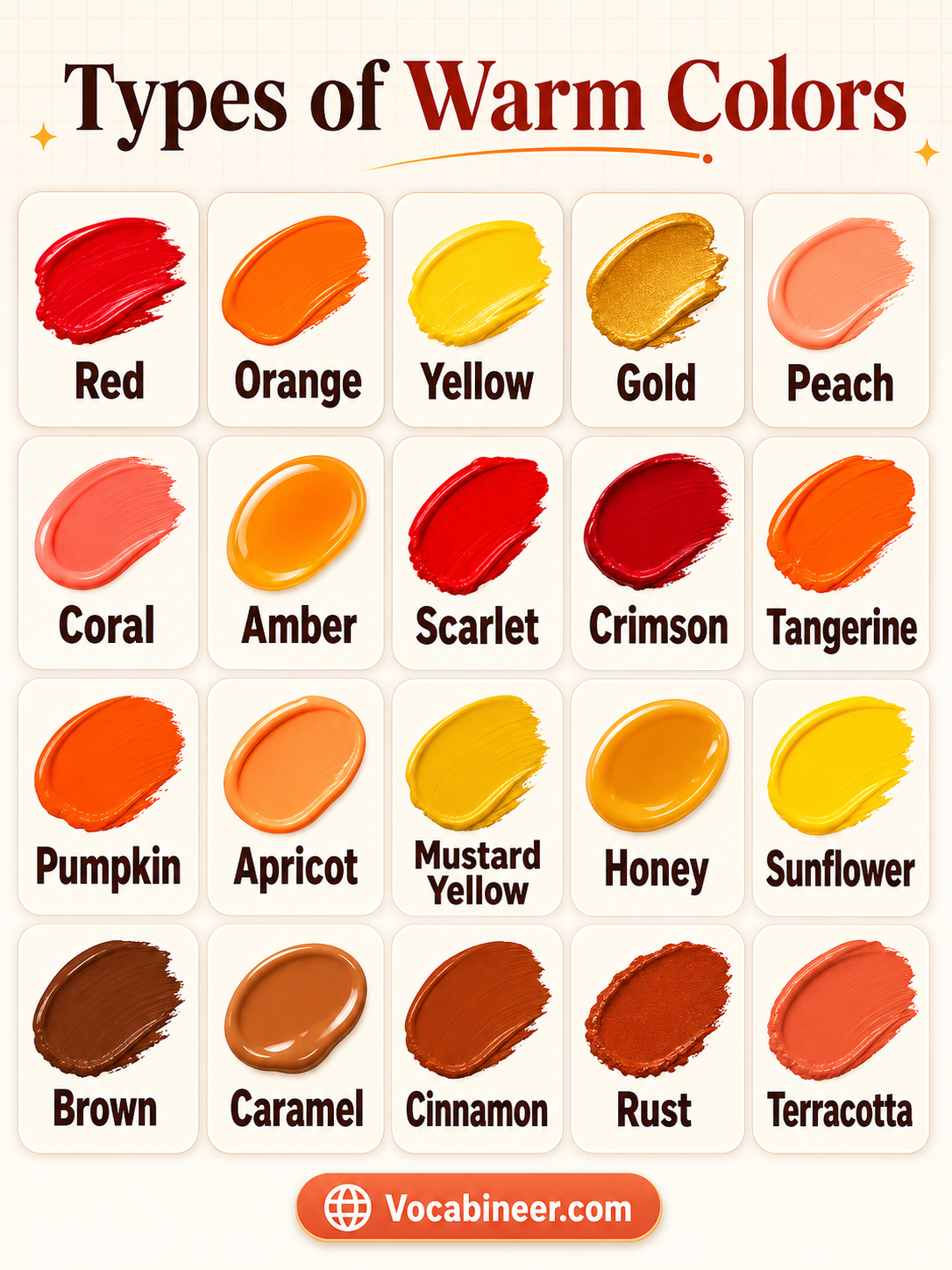 Types of warm colors showing 50 warm color names with pictures, including red, orange, yellow, gold, peach, coral, amber, brown, rust, and terracotta.