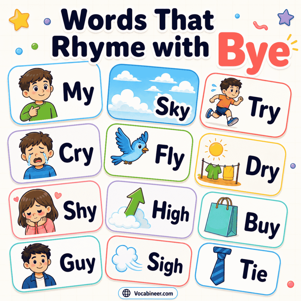 Words that rhyme with bye, including sky, try, cry, fly, high, goodbye, reply, and farewell phrase rhymes.