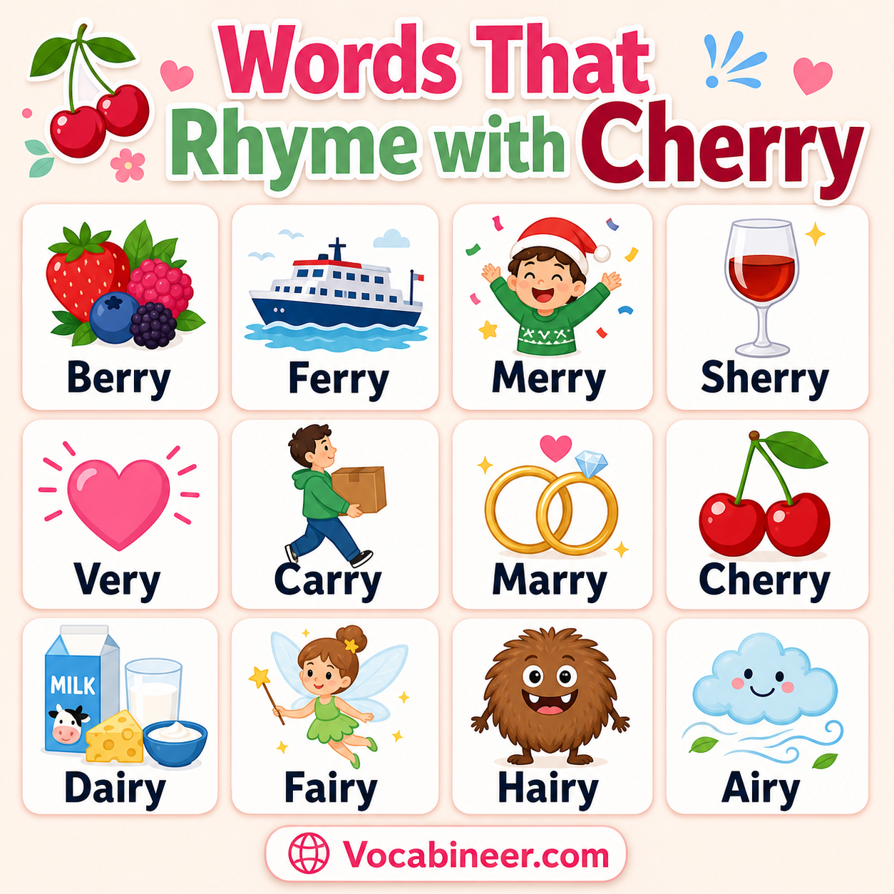62 useful words that rhyme with cherry, including berry, fairy, ferry, merry, scary, and longer rhyming words.