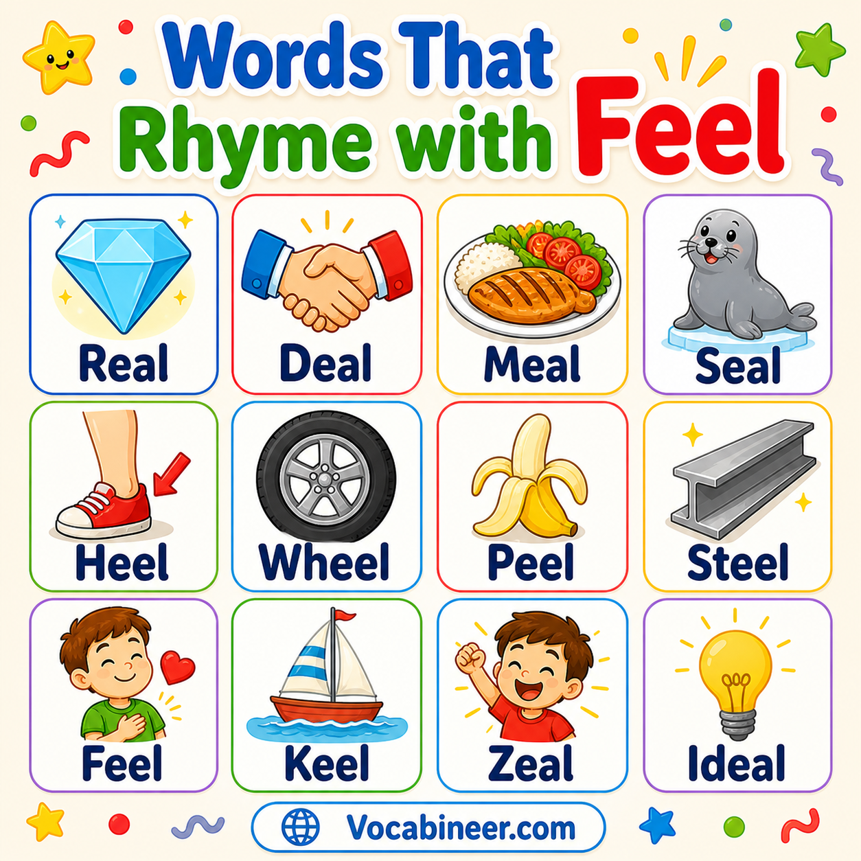 Words that rhyme with feel, including perfect rhymes like real, wheel, deal, meal, heal, and steel.