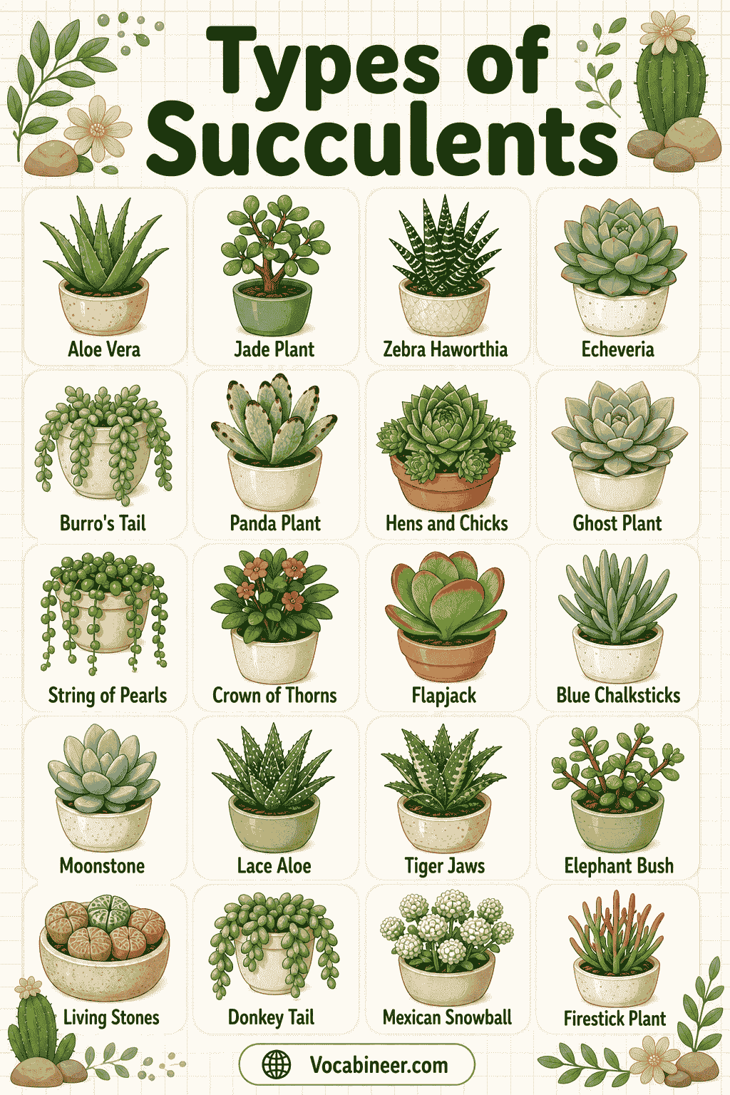 A visual succulent chart showing 100+ common succulent types with names and pictures, including Echeveria, Aloe Vera, Jade Plant, Haworthia, Zebra Plant, Sedum, Agave, Kalanchoe, Aeonium, Lithops, and String of Pearls.