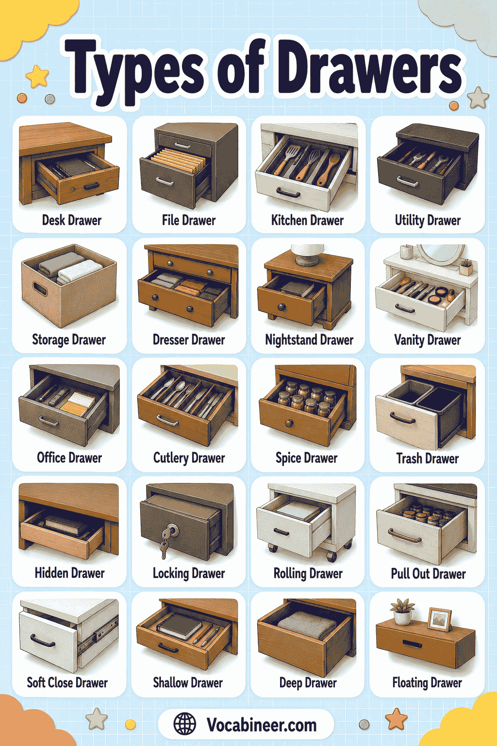 A visual guide showing different types of drawers, including dresser drawers, desk drawers, kitchen drawers, file drawers, tool drawers, soft-close drawers, hidden drawers, and storage drawers.