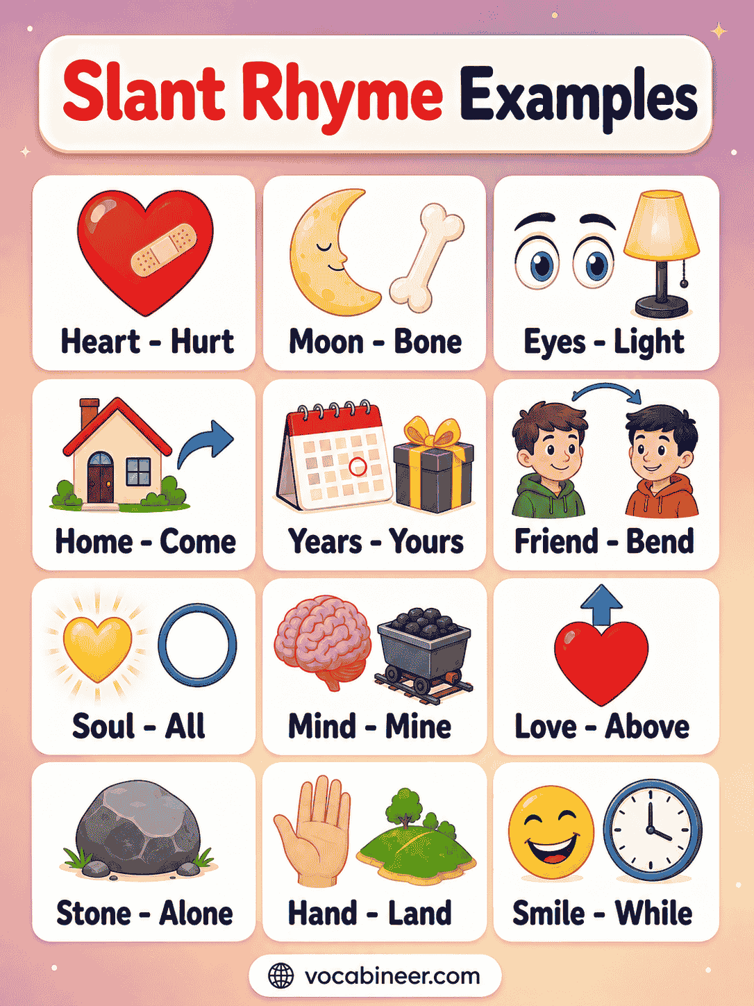 100+ Slant Rhyme Examples with Definition and Word Pairs