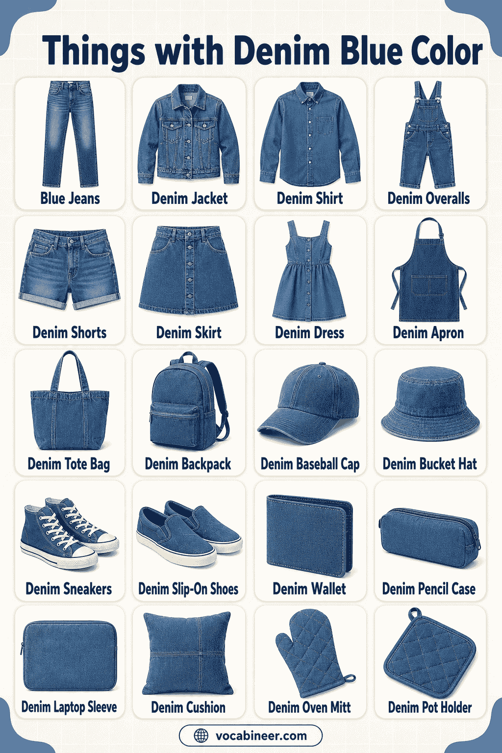 210 Denim Blue Colored Things Names with Pictures