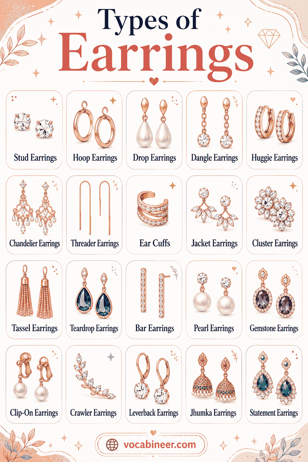 A visual jewelry chart showing 30+ types of earrings with names and pictures, including stud earrings, hoop earrings, drop earrings, dangle earrings, chandelier earrings, huggie earrings, threader earrings, and ear cuffs.