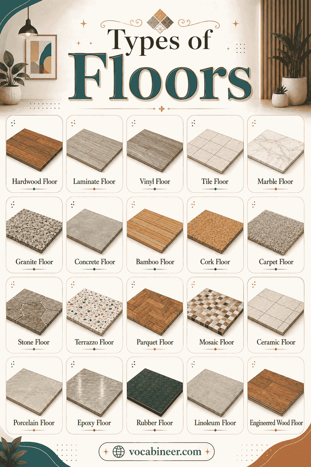 A visual home improvement chart showing 30+ types of flooring with names and pictures, including hardwood flooring, laminate flooring, vinyl flooring, tile flooring, carpet flooring, stone flooring, and concrete flooring.