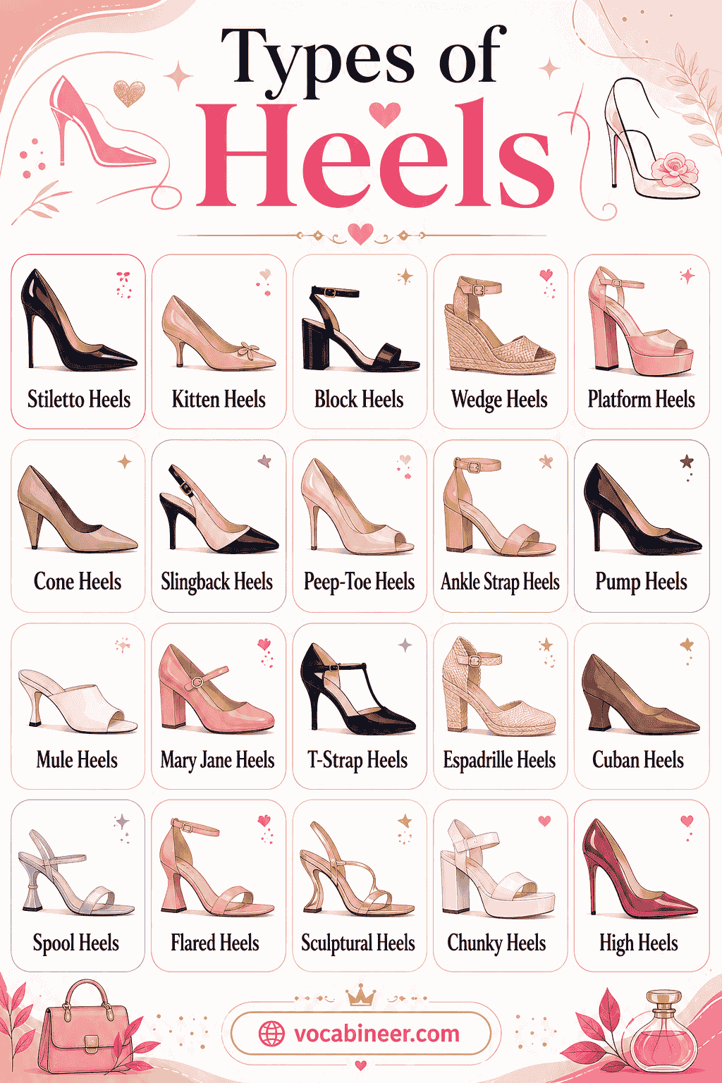 A visual footwear chart showing 40+ types of heels with names, including stiletto heels, block heels, kitten heels, wedge heels, platform heels, cone heels, spool heels, and Cuban heels.