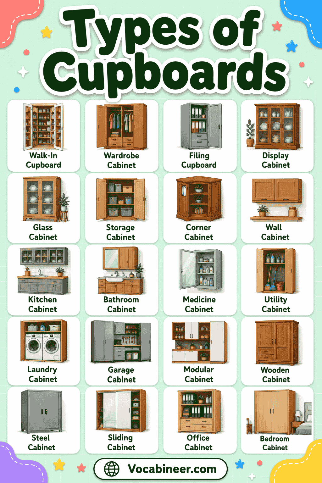 A visual cupboard guide showing 50+ common types of cupboards with names, uses, and pictures, including kitchen cupboards, pantry cupboards, linen cupboards, airing cupboards, broom cupboards, storage cupboards, built-in cupboards, and freestanding cupboards.